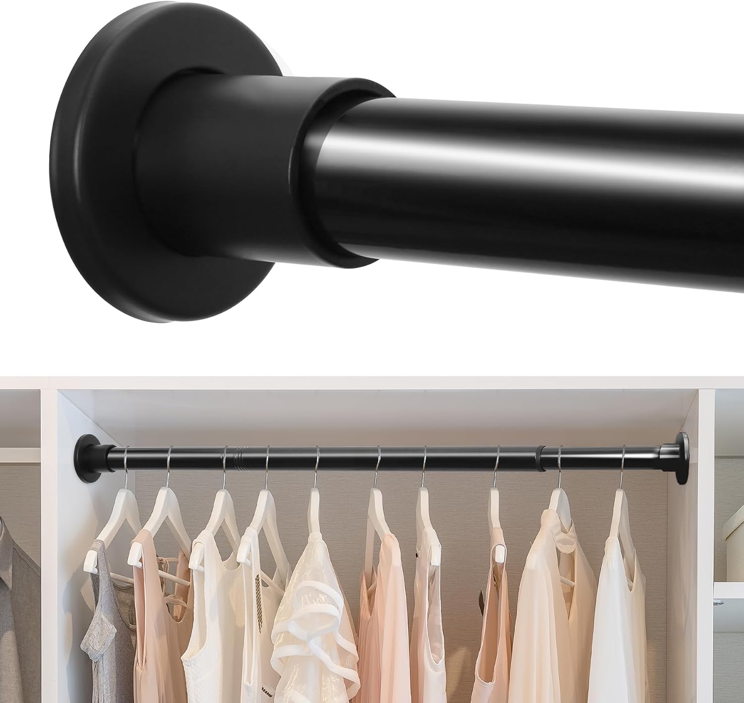 Closet Rods for Hanging Clothes, 18-92 Inch Stepless Adjustable Closet Rod, Heavy Duty Metal Closet Hanging Rod with Closed-Ring Brackets, Multi-Use Clothes Bar for Wardrobe Laundry Room RV, Black