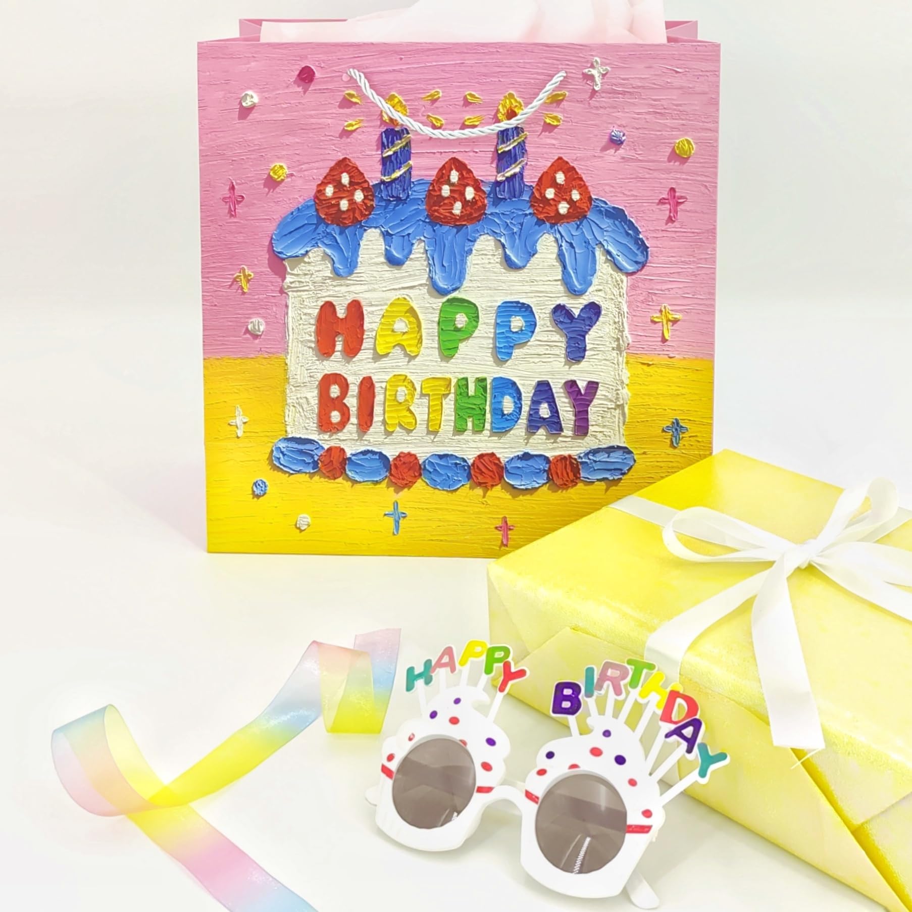 Large Birthday Gift Bag With Tissue Paper - 13" Size, 3D Floral Pattern, Includes Card (Blue Cake Design) - View #13