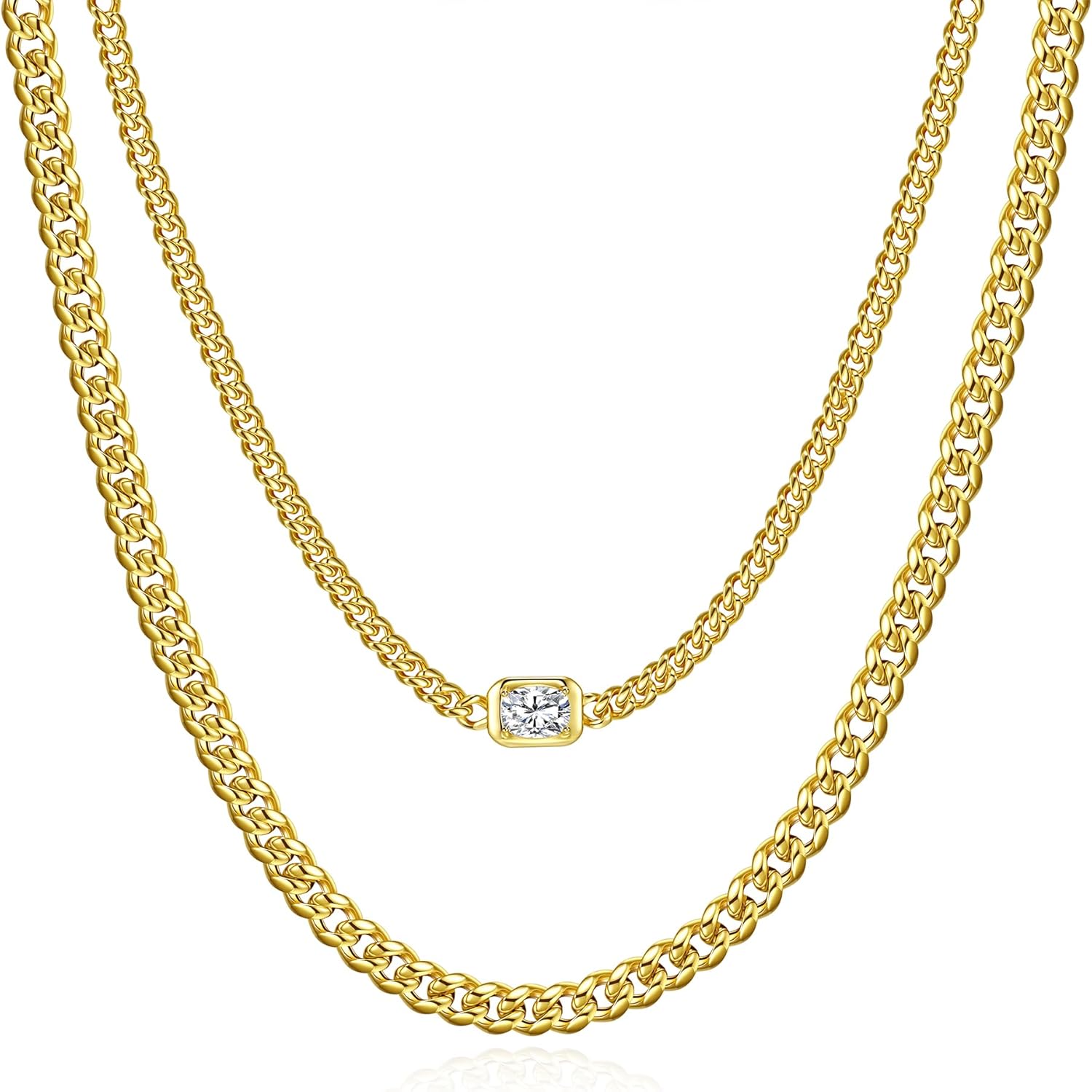 NOKMIT Layered Cuban Link Necklace for Women Dainty Adjustable 14K Gold Plated Miami Curb Chain Choker with Cubic Zirconia Charm Statement Trendy Hip Hop Non Tarnish Jewelry Gifts