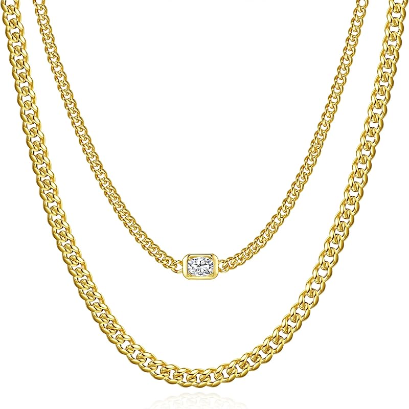 Layered Cuban Link Necklace for Women Dainty Adjustable 14K Gold Plated Miami Curb Chain Choker with Cubic Zirconia Charm Statement Trendy Hip Hop Non Tarnish Jewelry Gifts