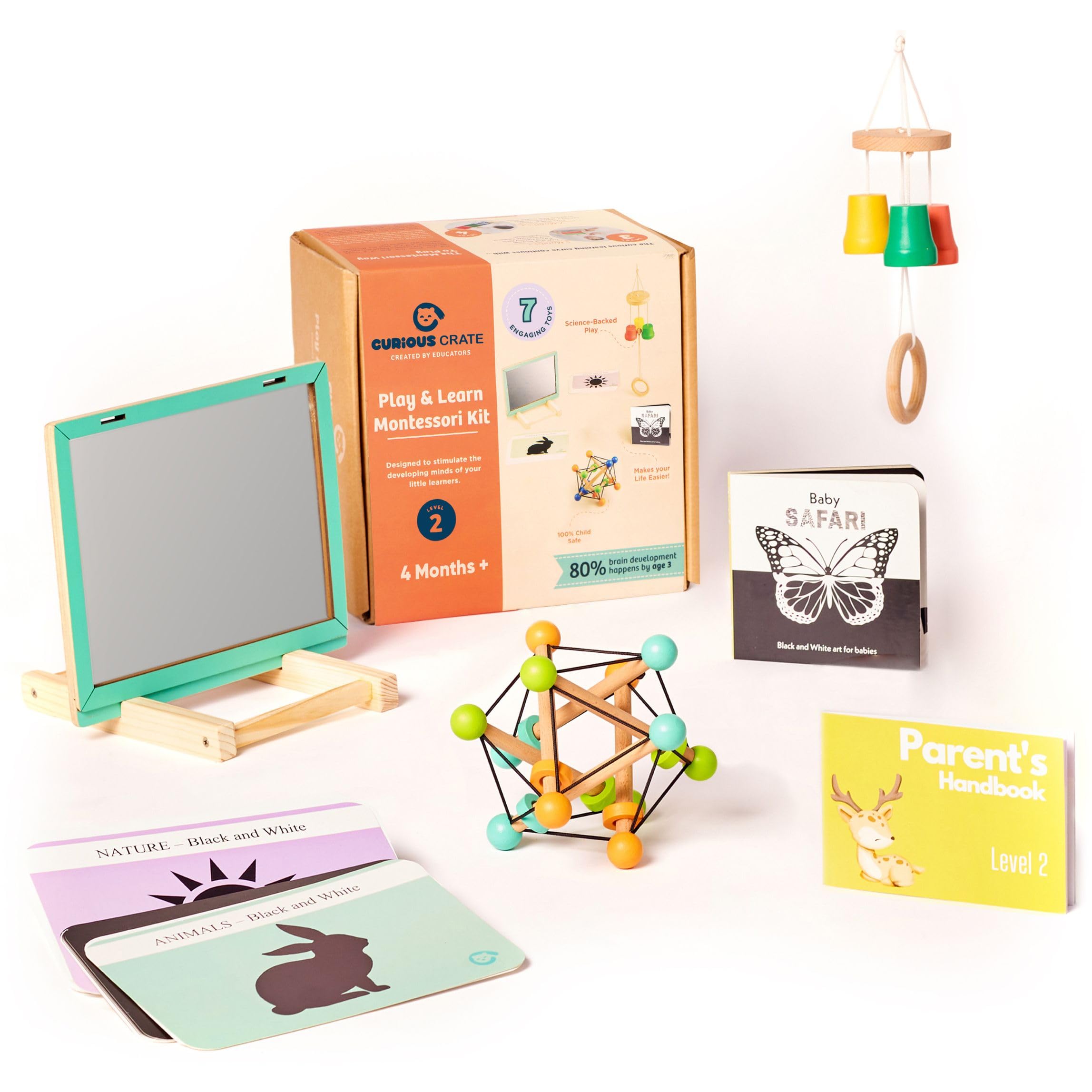 Montessori Toys Box for Newborns | 7 in 1 Sensory & Developmental Toys – Tummy Time Baby Mirror, Bell Chime Mobile, High Contrast Book & More | Early Learning Toy Set for 3-6 Months
