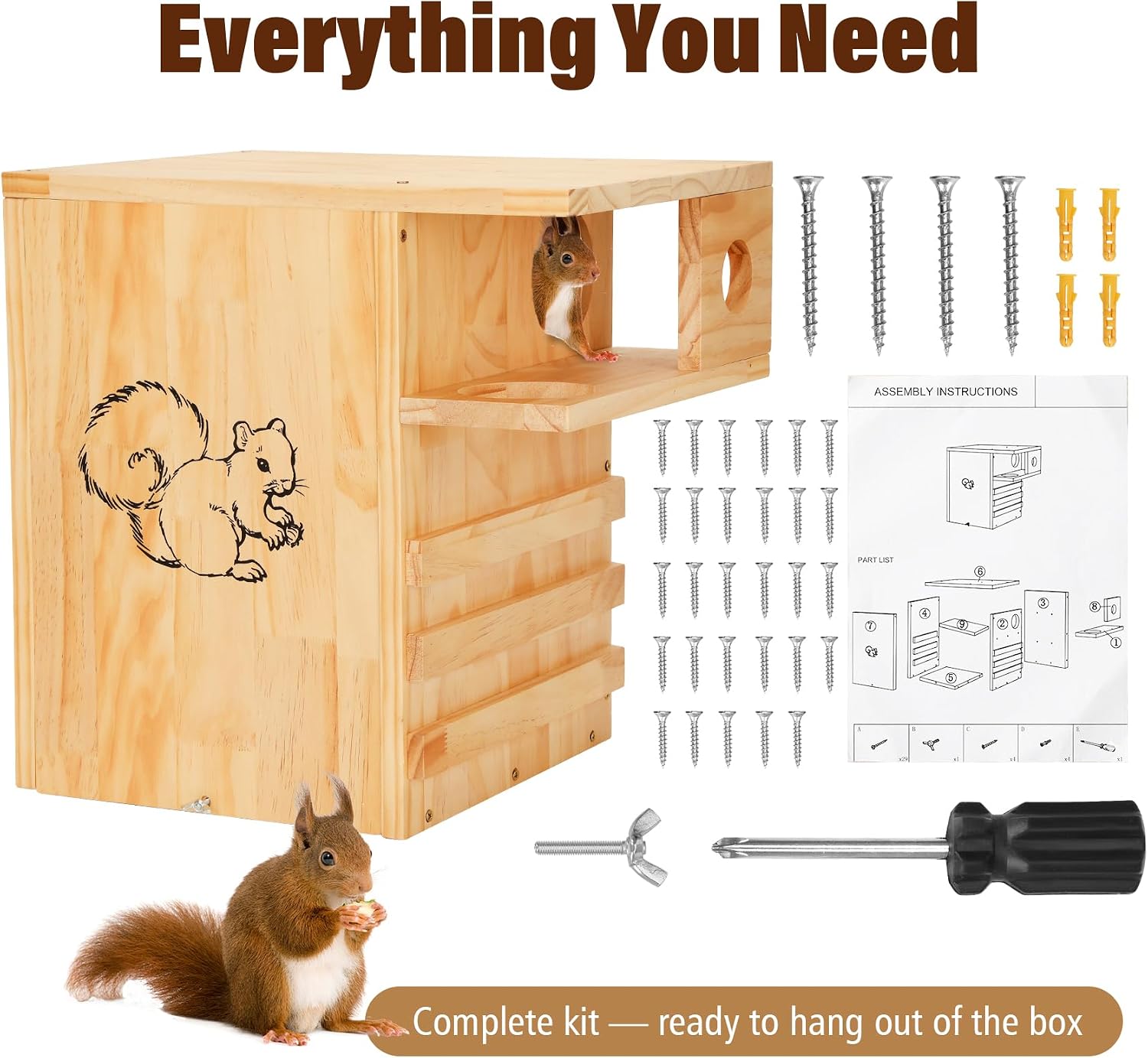 Extra Large Squirrel House for Outside with Stand & Predator Proof, Large Squirrel Box for Outside with Easy-Clean Front Door, Wooden Squirrel Nesting Box for Chipmunks and Small Animals