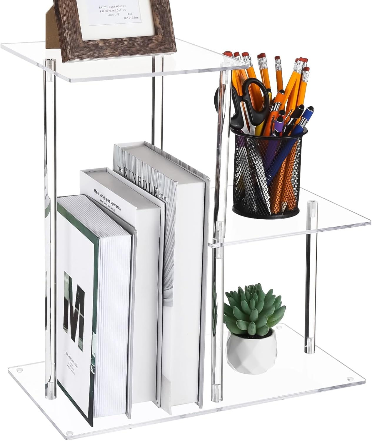 3-Tier Clear Acrylic Desktop Bookshelf, Desktop Shelves Organizer, Modern Table Top Shelf with Silicone Pads, Side Table for Saving Space, Easy to Assemble, 15.3 x 7.9 x 15 in