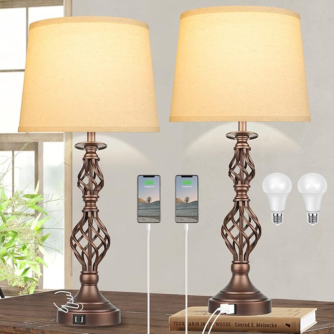 PARTPHONER Table Lamps Vintage Bedside Lamps with Dual USB Charging