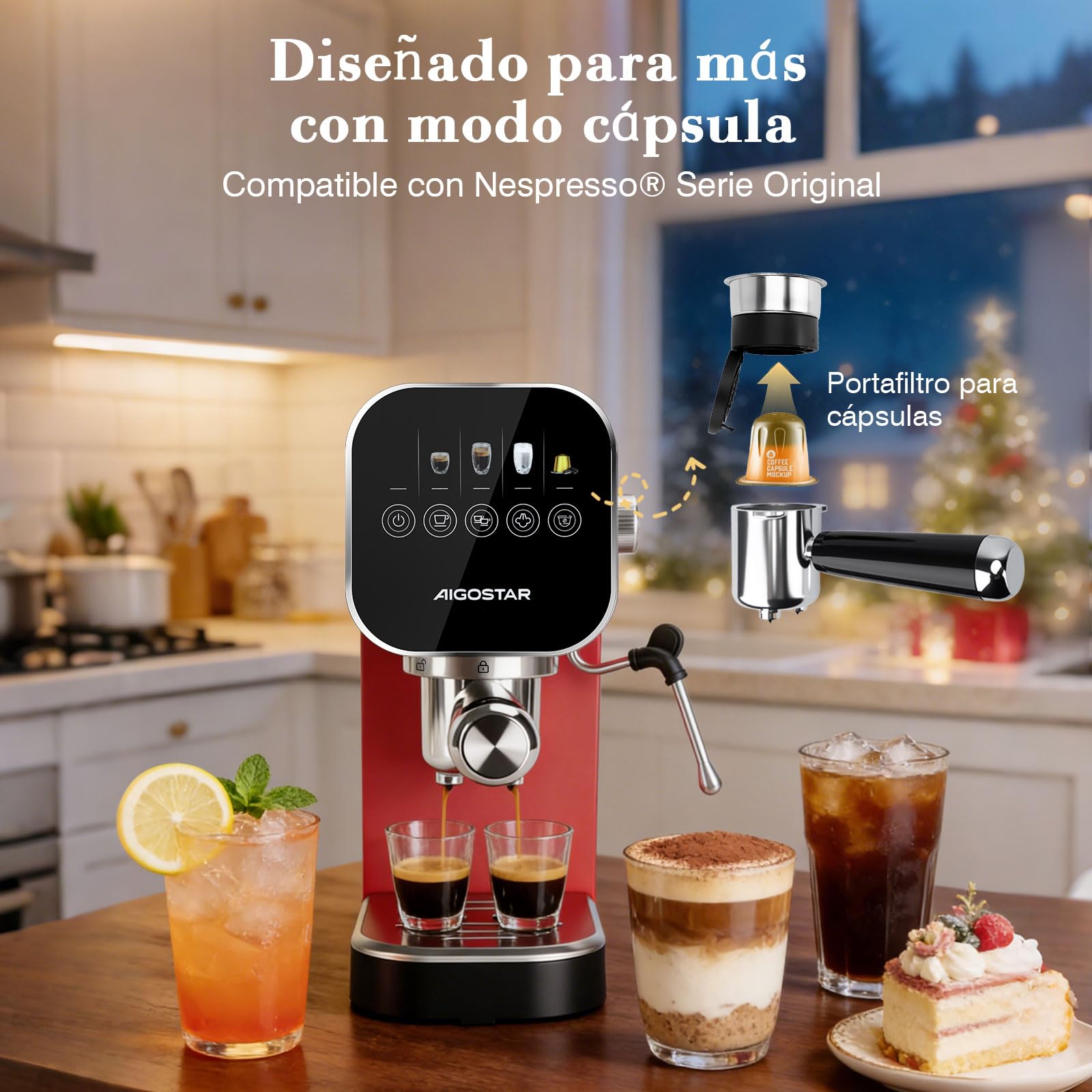 Aigostar Cafetera Espresso 20 Bares para Cápsulas y Café Molido Inox, Rojo | Panel táctil, espumador de leche, 1 o 2 tazas, depósito de 0,9 L, 1350 W, ideal para espresso, capuccino y latte