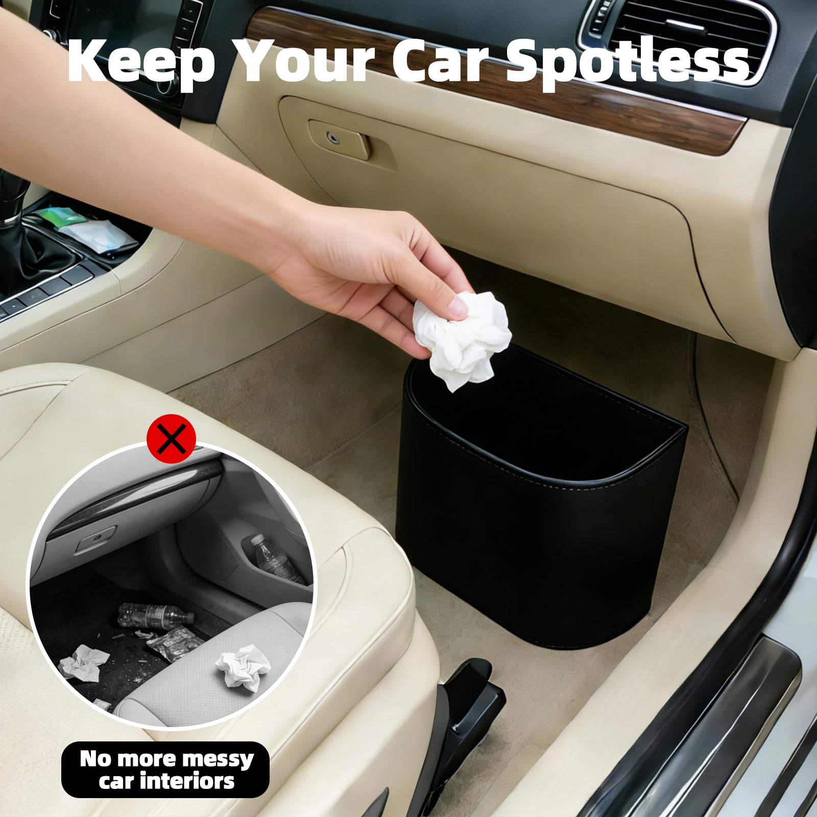 Poubelle de voiture noire étanche - Jolie petite poubelle de voiture à suspendre à la porte - Organiseur pour siège arrière/siège avant/console (noir)