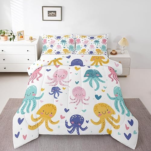 Miniatura 25 de Manfei Octopus Kids Comforter Set Queen Size,Dark Clouds Ocean Waves Trippy Retro Bedding Set,Boys Girls Room Decor,Underwater World Marine Life