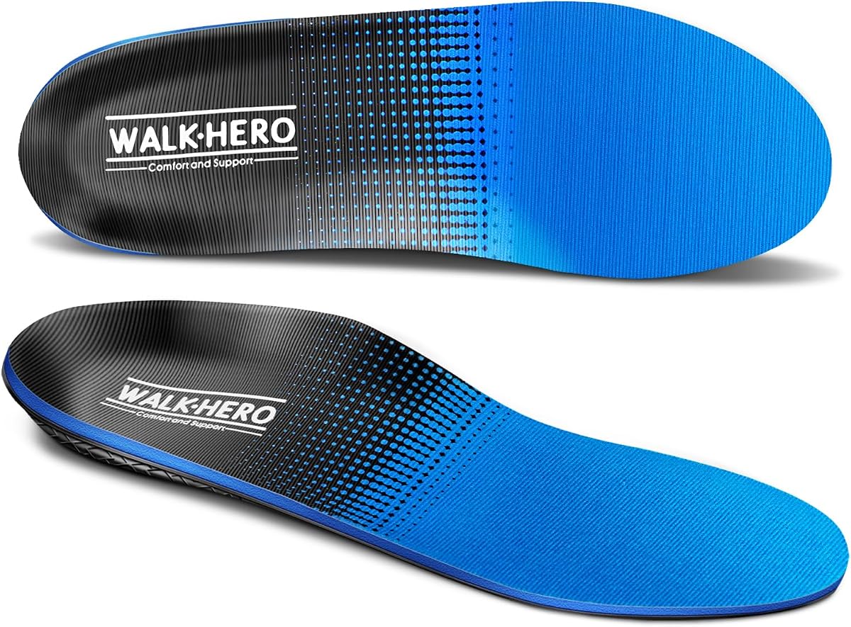 WalkHero Plantar Fasciitis Relief Insoles, High Arch Support Inserts | Orthotics Inserts for Men Relieve Flat Feet and Foot Fatigue (Mens 6-6 1/2 | Womens 8-8 1/2, Blue)