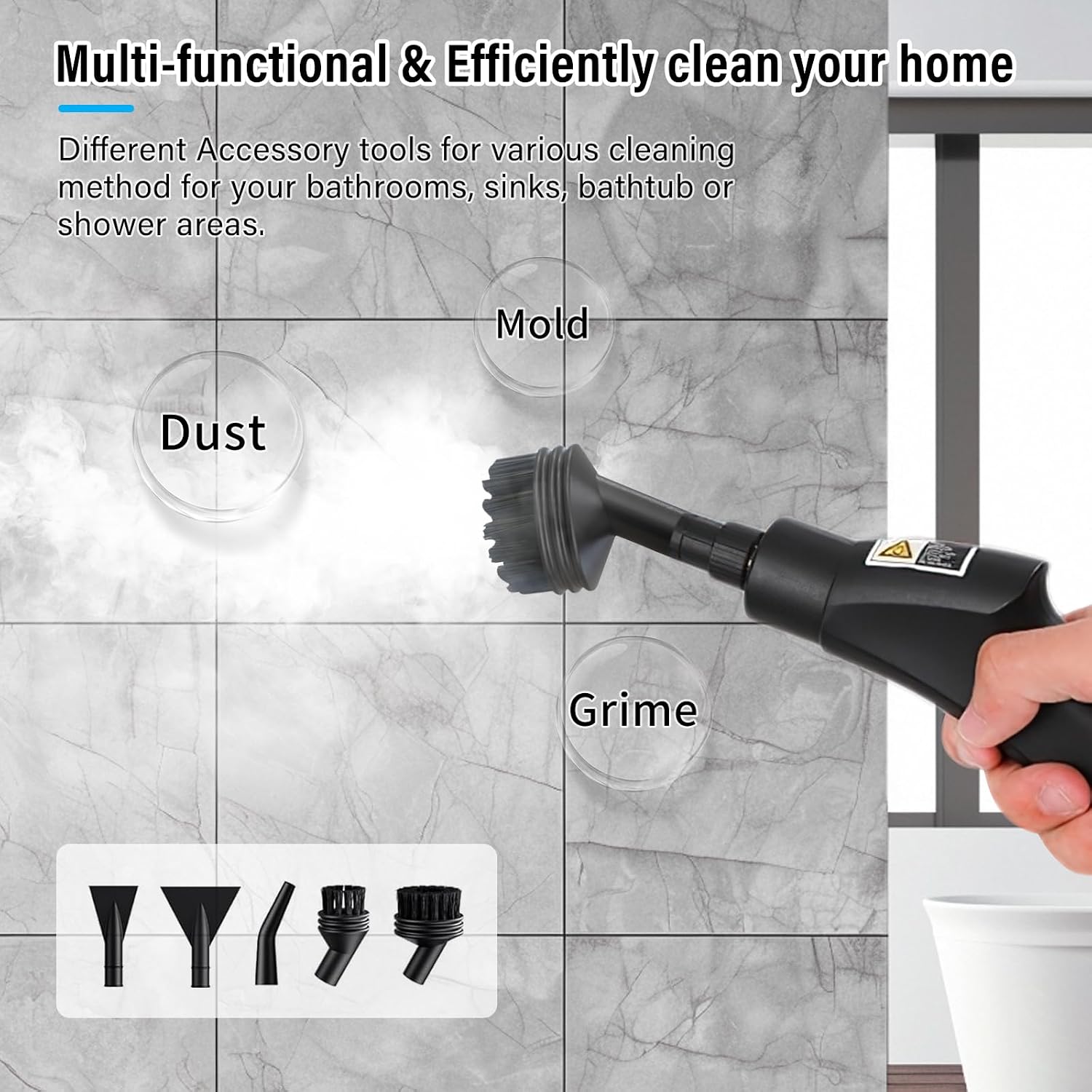 Steam Cleaner 1.2L, 6-Level Adjustable Handle, 15s Heat-Up, 2500W Handheld Steamer Cleaner for Home, Car, Kitchen, Floor, Multi-Surface Cleaning Machine, 8pcs Accessories (White & Black)