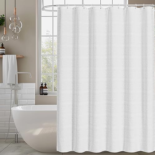 Craidlela White Boho Shower Curtain, Jacquard Sunflower Textured Shower Curtains