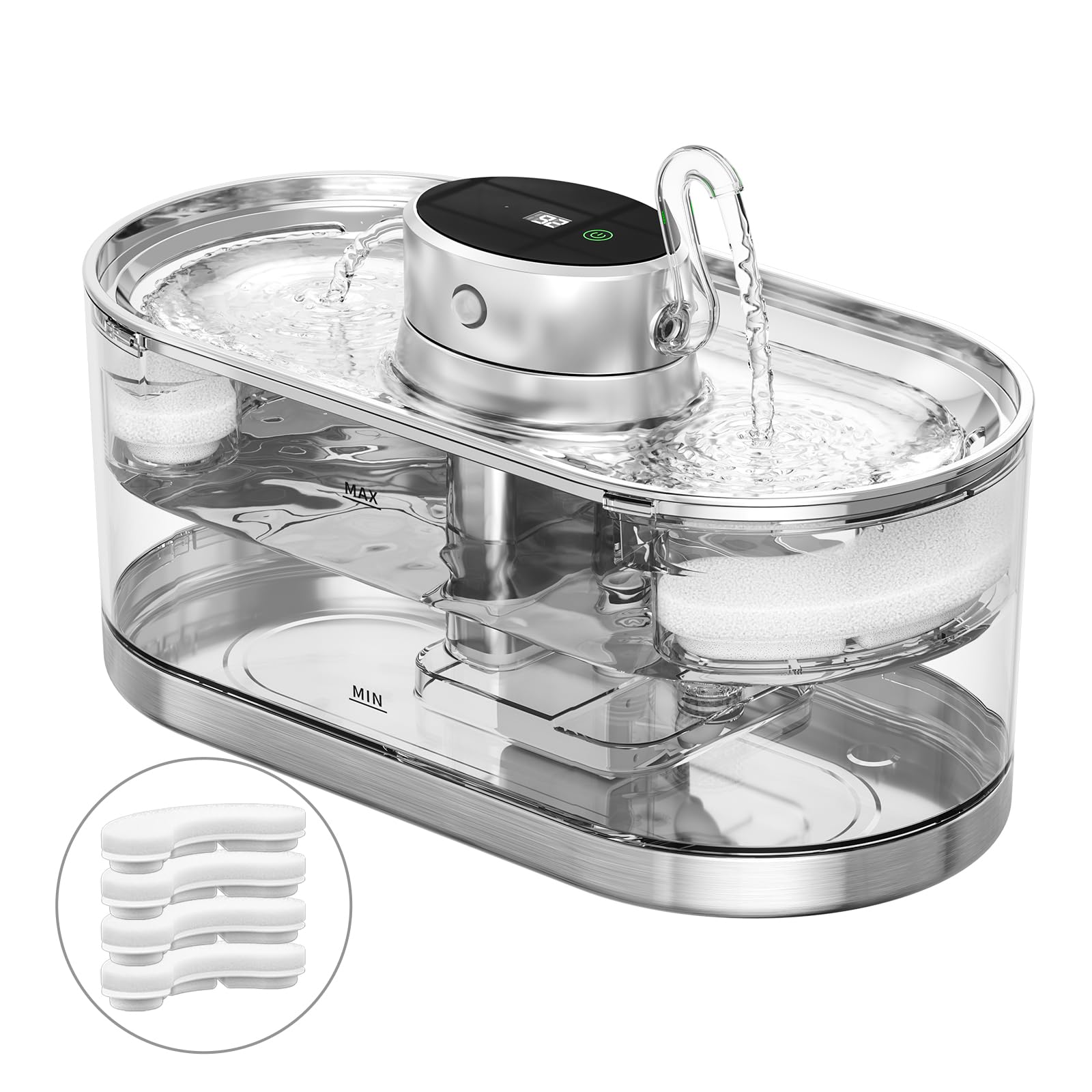 Cat Water Fountain Cordless, 108oz/3.2L Cengcen Wireless Pet Water Fountains Battery Operated 5000mAh, Chew-Proof Charging Cable with Adapter, Stainless Steel Transparent, Premium Edition