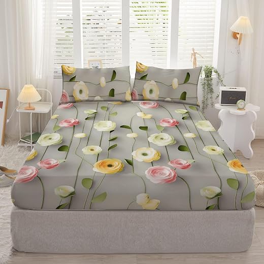 DECOMIZER 300TC Cotton Feel Glace Cotton Elastic Fitted Printed King Size Double Bed Bedsheet with 2 Pillow Covers Fits Up...