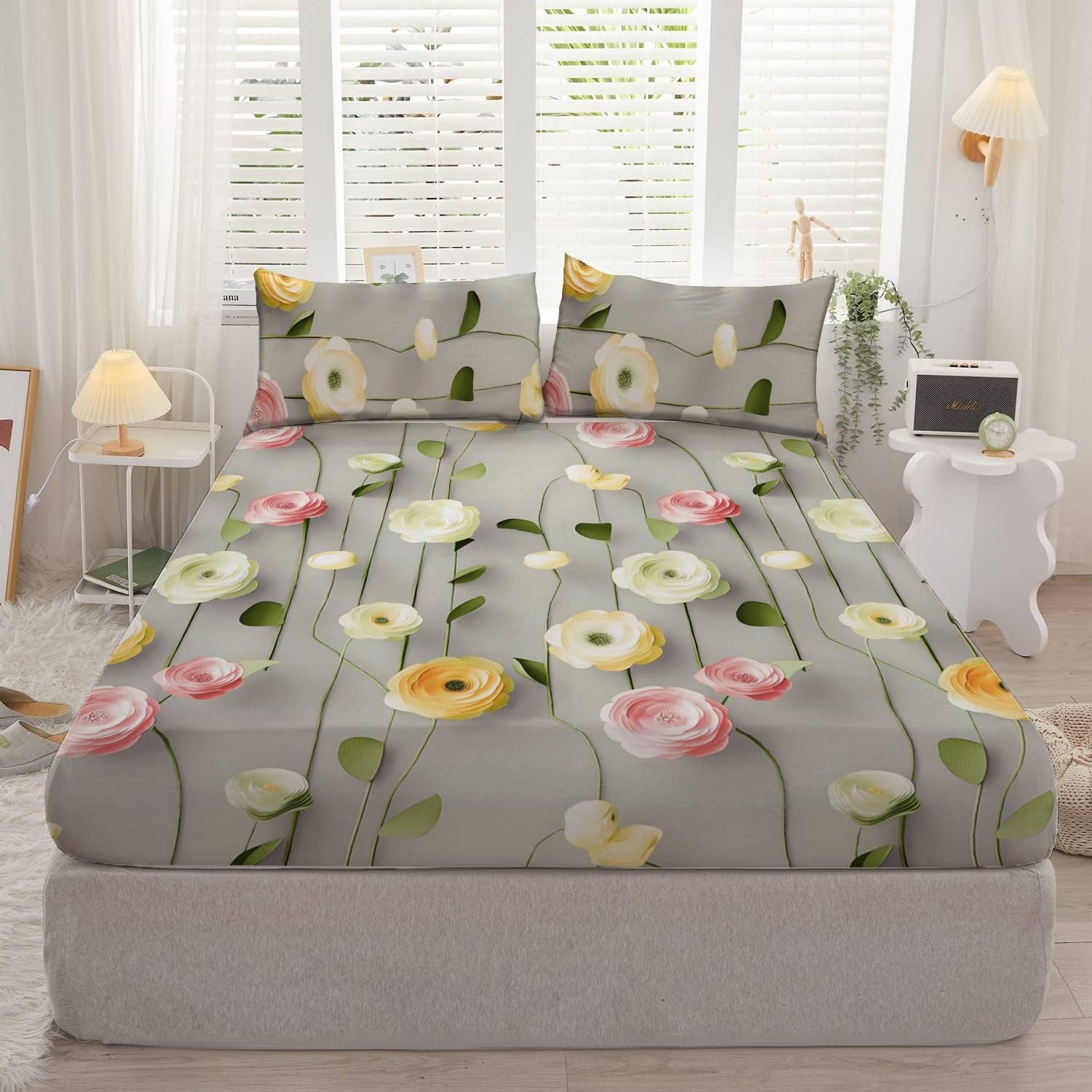 DECOMIZER 300TC Cotton Feel Glace Cotton Elastic Fitted 7D Printed King Size Double Bed Bedsheet with 2 Pillow Covers Fits Upto 8 inches Mattress,72x78, Grey Bale Lotus