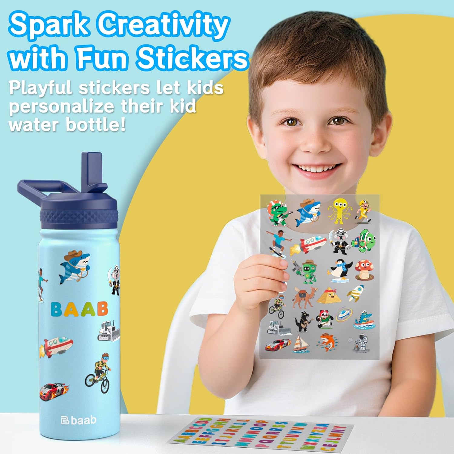 baab 18oz Kids Water Bottle, Insulated Water Bottle with Straw & Stickers, 18/8 Stainless Steel Vacuum Leakproof Kids Water Straw Cup for School, Perfect for Boy Girl (Light Blue, 1 Pack) - Image 5