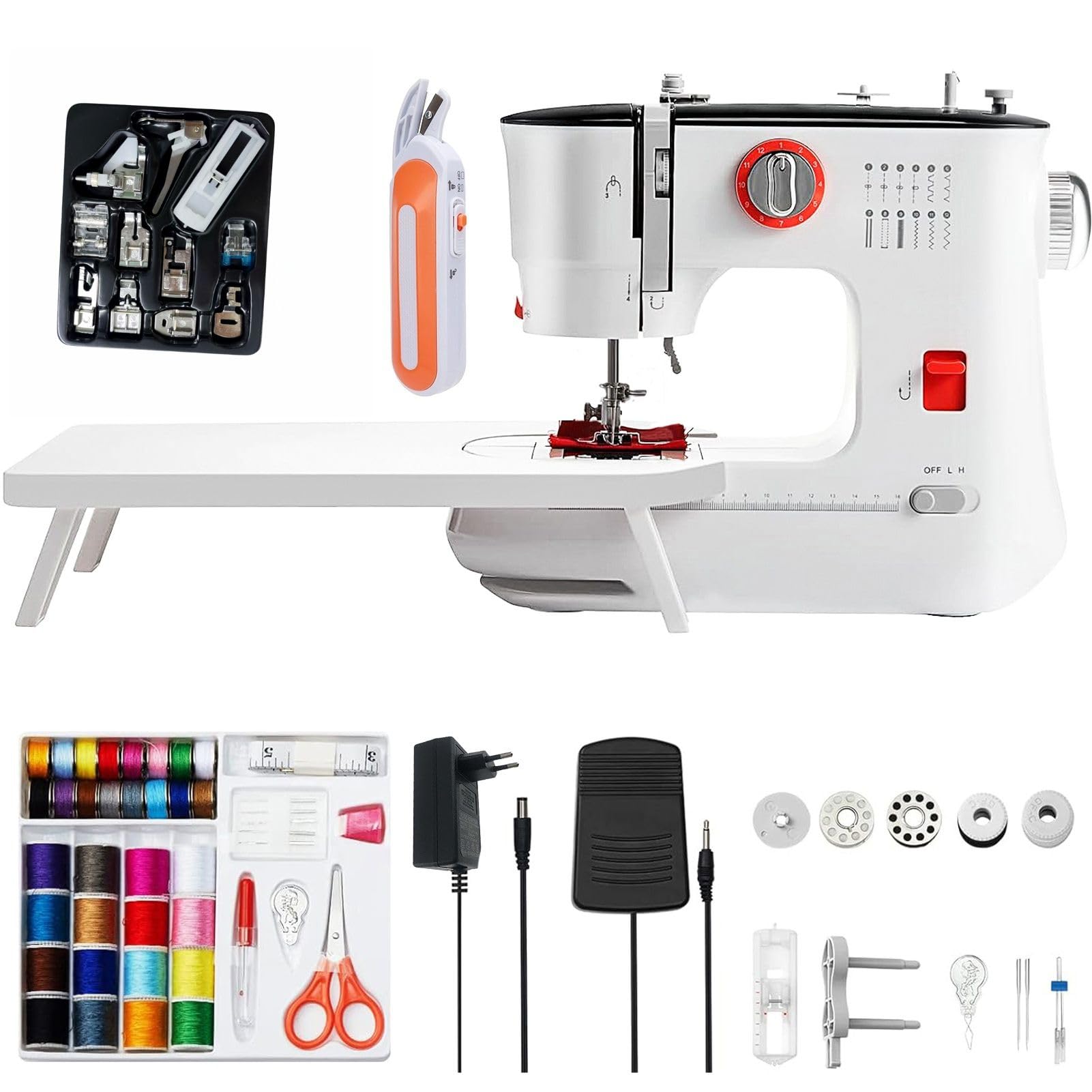 Máquina de coser de 12 puntadas, modo de accionamiento dual con operación eléctrica y manual, máquina de coser de dos velocidades y dos hilos, con mesa de trabajo extendida