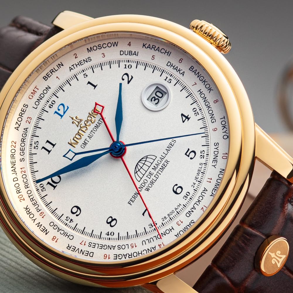 Kronsegler Fernando de Magallanes Orologio da uomo oro – bianco | Orologio automatico con Flyer GMT – secondo fuso orario | con vetro zaffiro, cinturino in pelle e fibbia deployante