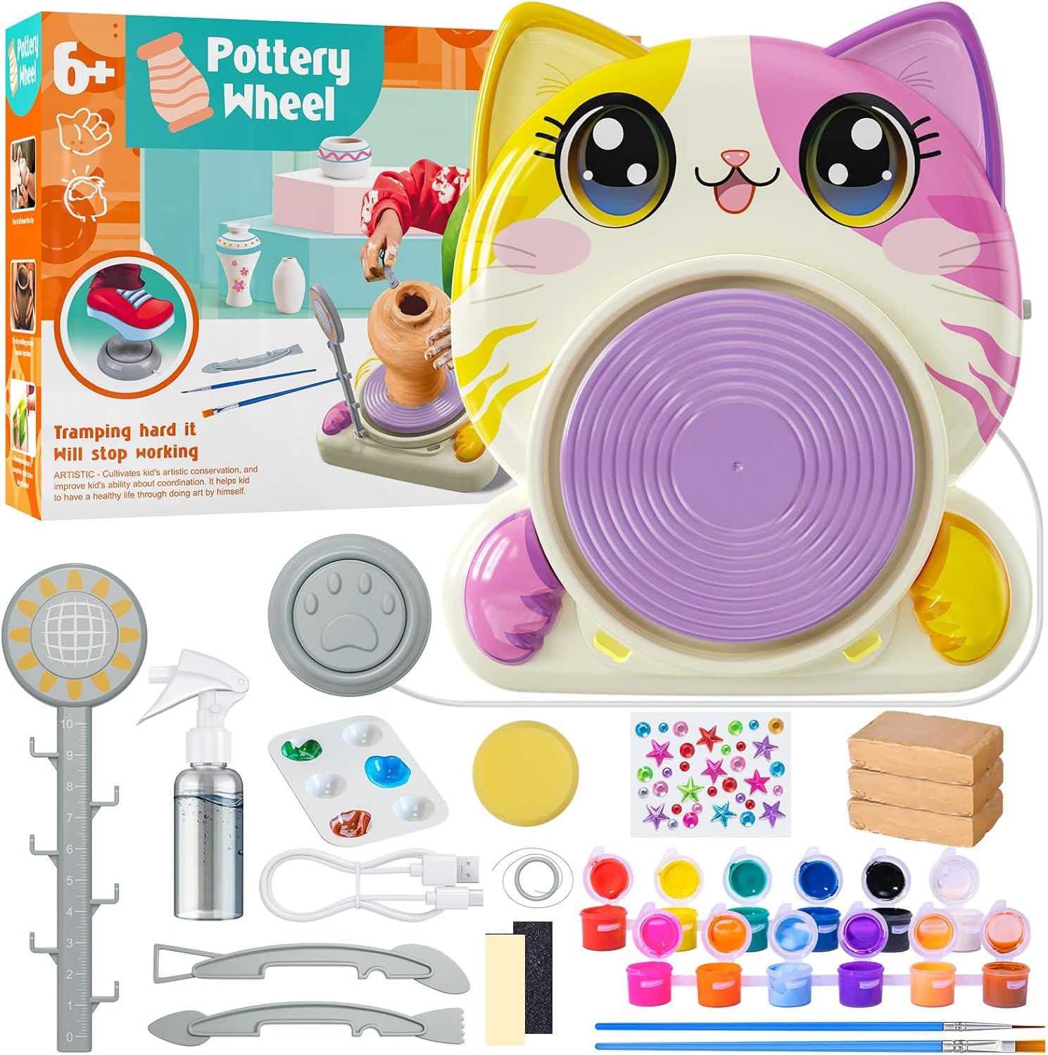 Töpferset für Kinder – Elektrische Mini-Töpferscheibe mit Ton, Farben, Werkzeug & Schürze – Kreatives DIY Keramik-Bastelset ab 6 Jahren im Katzendesign – Geschenkidee für Mädchen & Jungen
