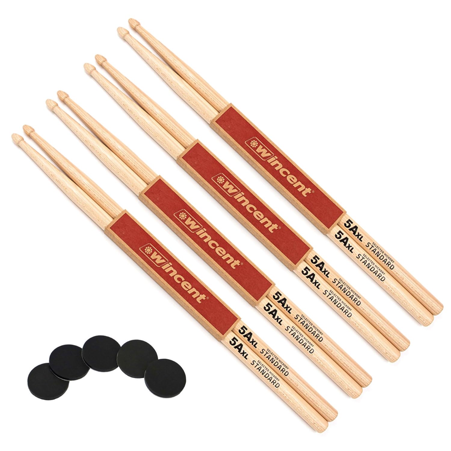 Wincent 5AXL Hickory Woodtip Drumsticks 4 Paar + keepdrum Damper Pads