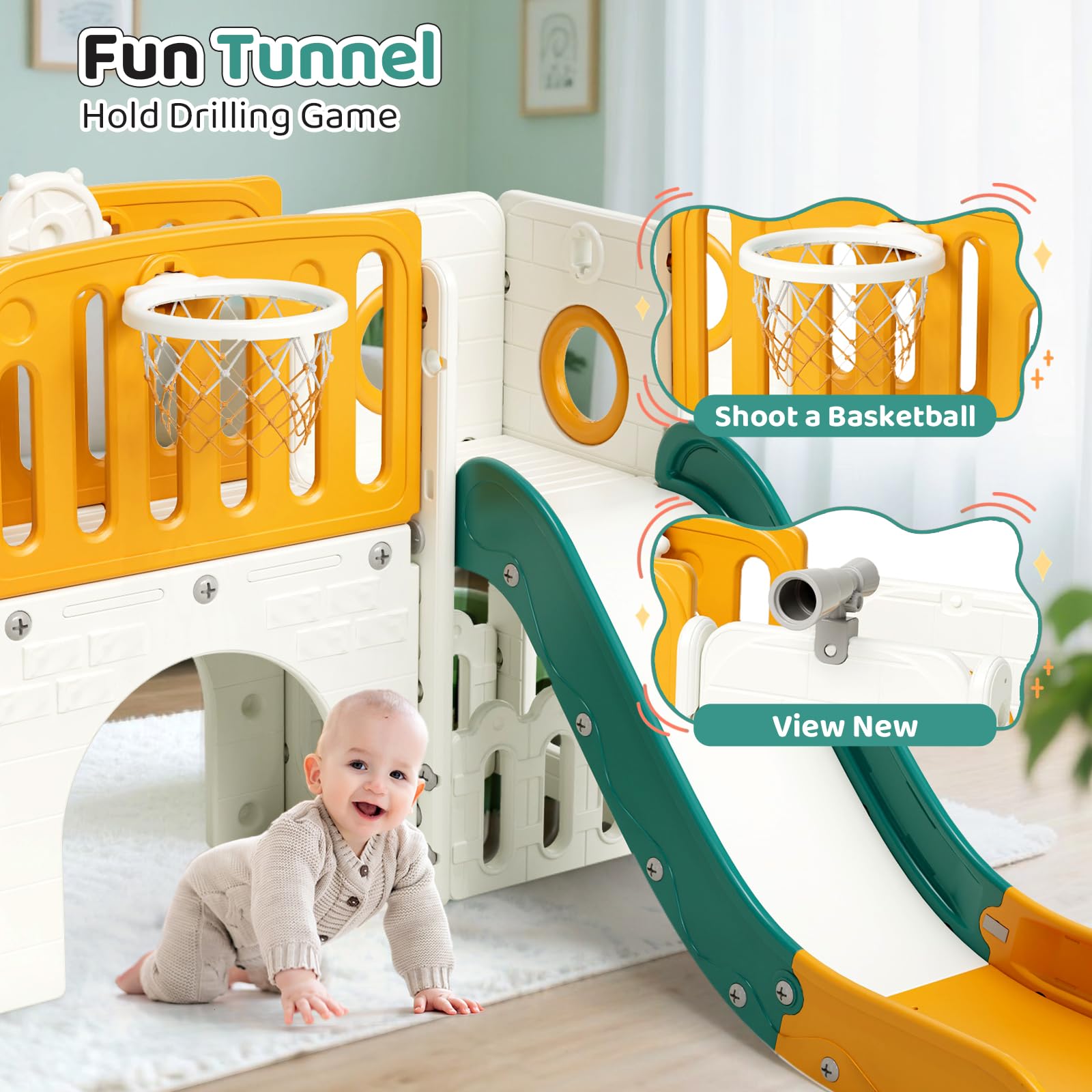 MAMIZO 10-in-1 kinderglijbaan met klimrek, voor binnen en buiten, met basketbalkorf en telescoop, tunnel, opbergruimte, tuinglijbaan, kinderspeelplaats, met 4 modules (geelblauw