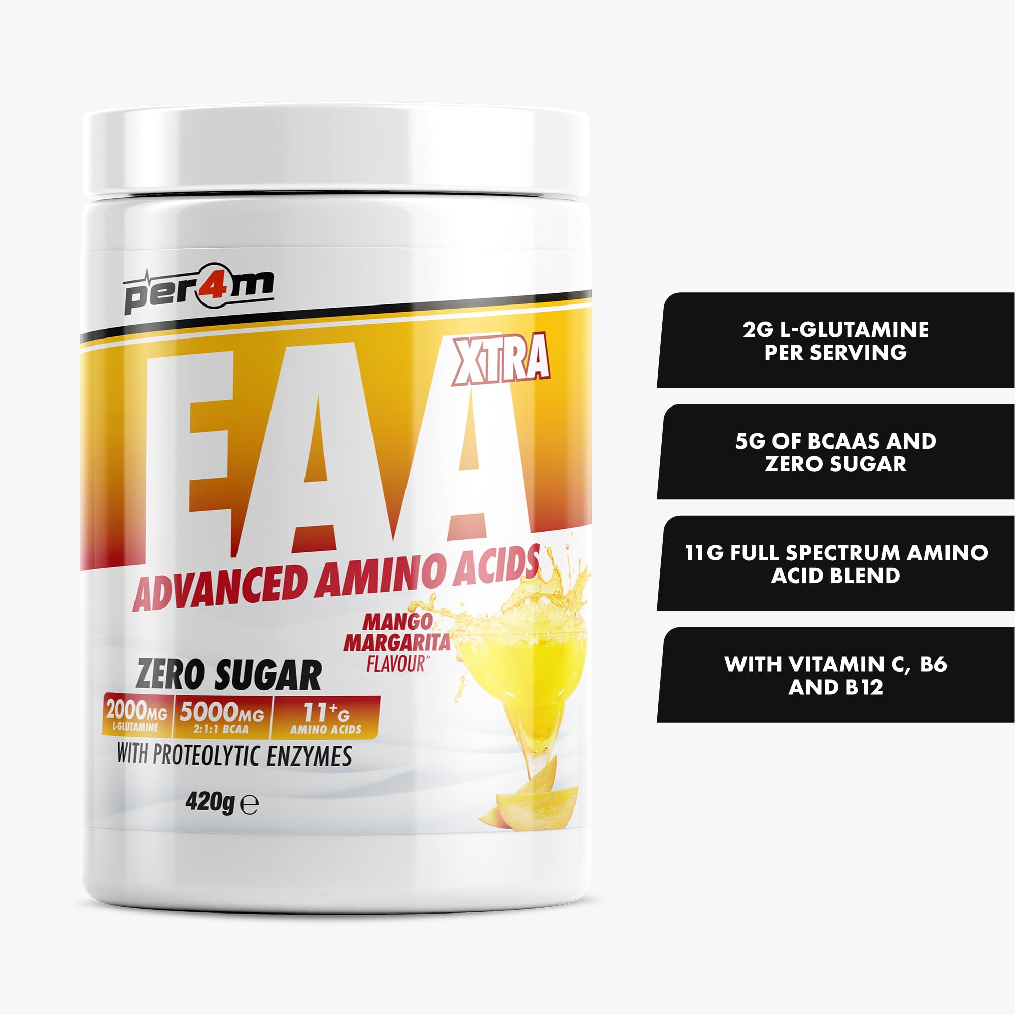 Per4m Amino Xtra, Aminoacidi Essenziali con Elettroliti, Favorisce il Recupero Muscolare, Formula Ipocalorica per i Muscoli, Integratore Intra-Workout per Sportivi Avanzati – Mango Margarita – 420g