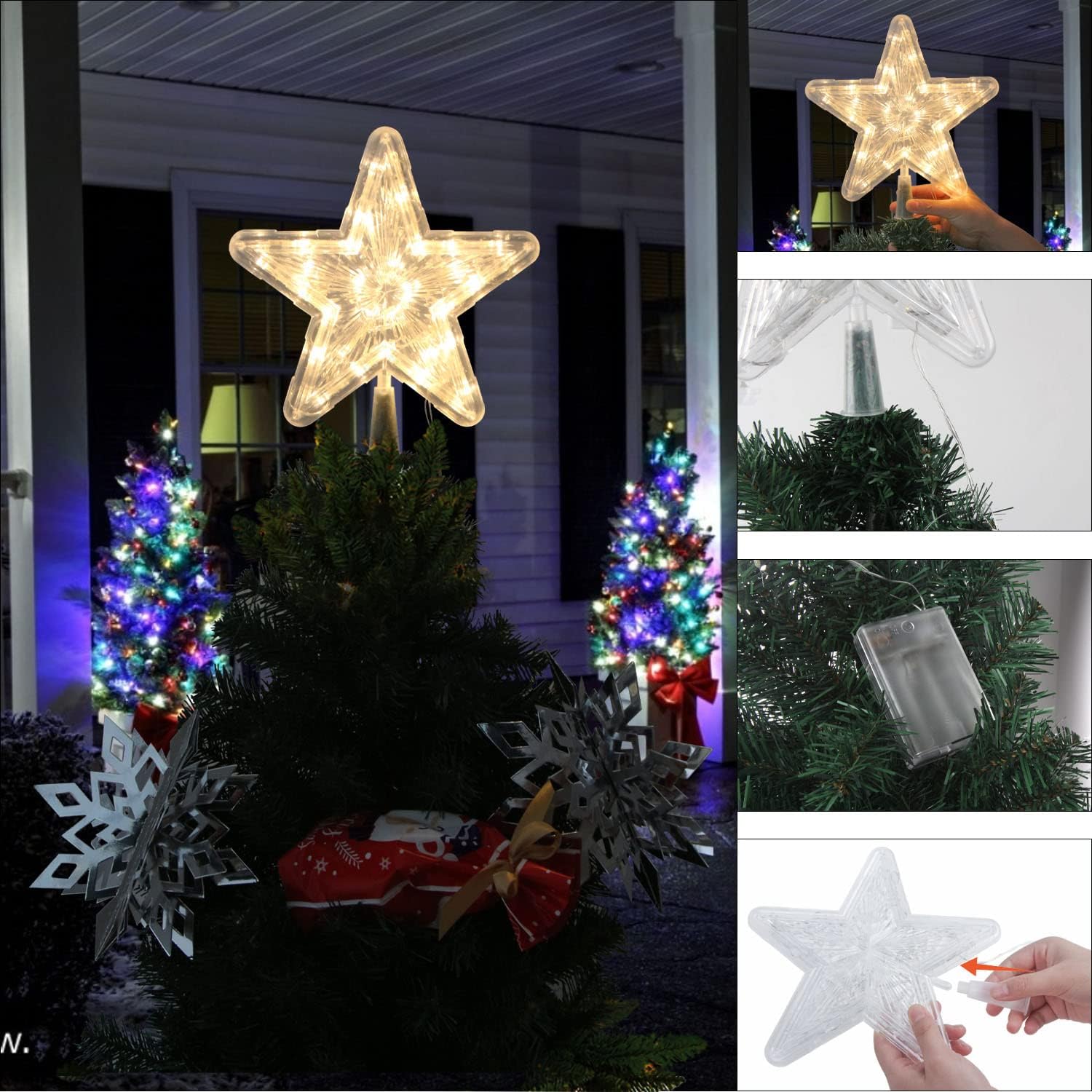 DERAYEE Christmas Star Tree Topper Lighted, Xmas Tree Topper with Lights Light Up Star Topper for Christmas Tree Decorations Battery Operated 9 Inch