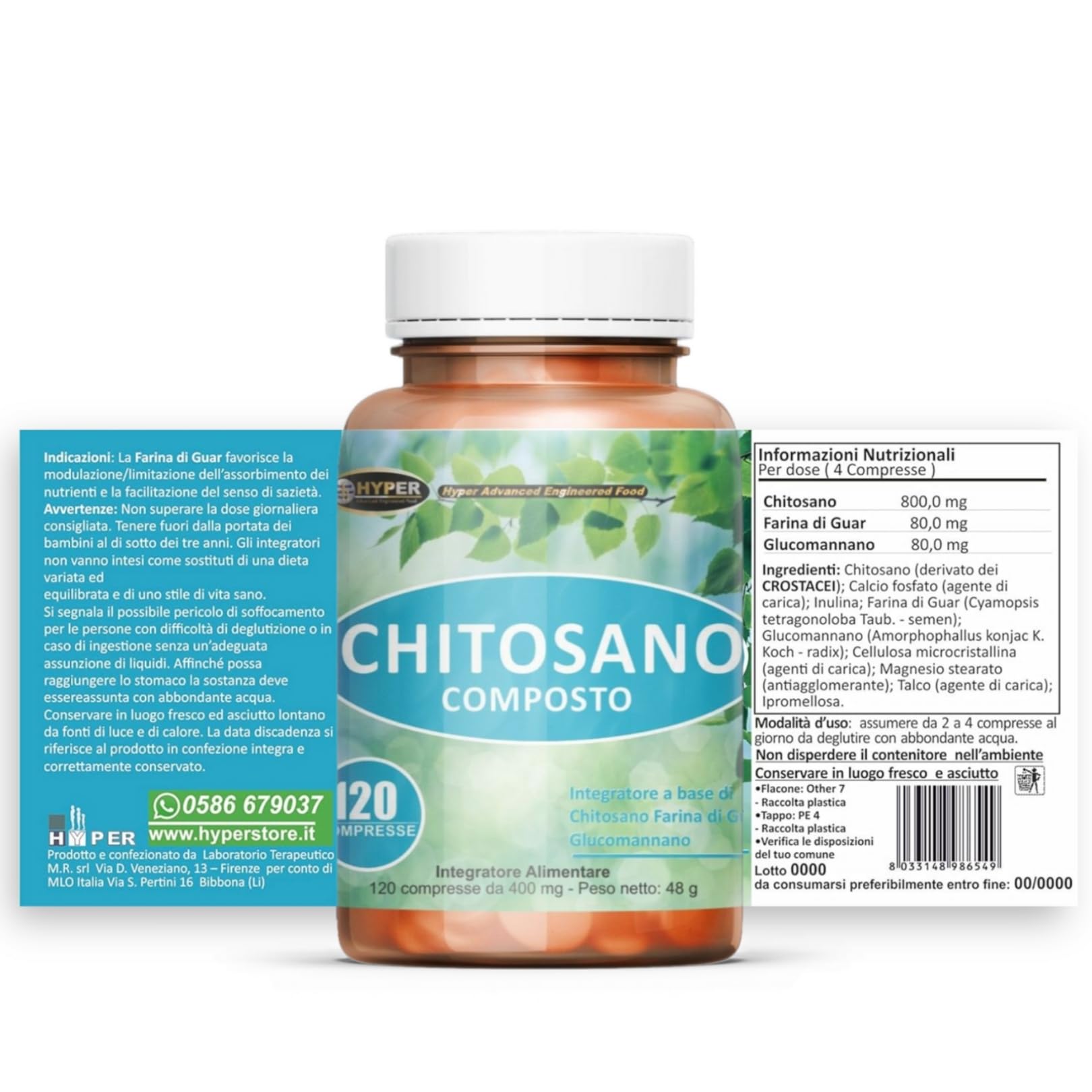 Hyper Chitosano Glucomannano 3x120 Compresse - Dimagrante che Favorisce la Perdita di Peso agendo come Brucia grassi e Riduce la Fame Nervosa riducendo i carboidrati ed i ed i Grassi Assorbiti