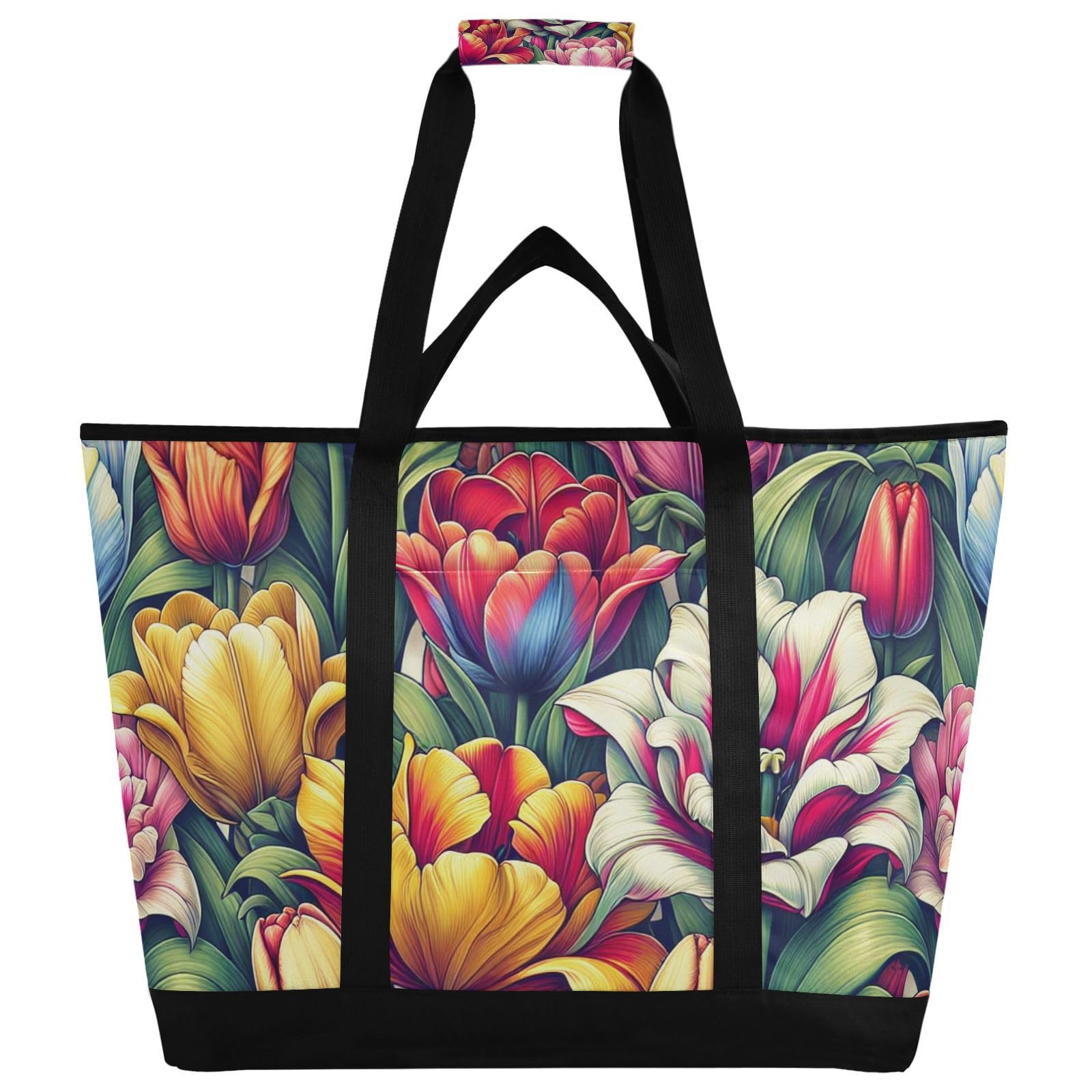 FLildon Insulated Cooler Bag 30L, Vivid Tulips Floral Large Reusable Grocery Bags for Hot/Cold Food Delivery Bag Thermal Tote for Travel Beach Picnic