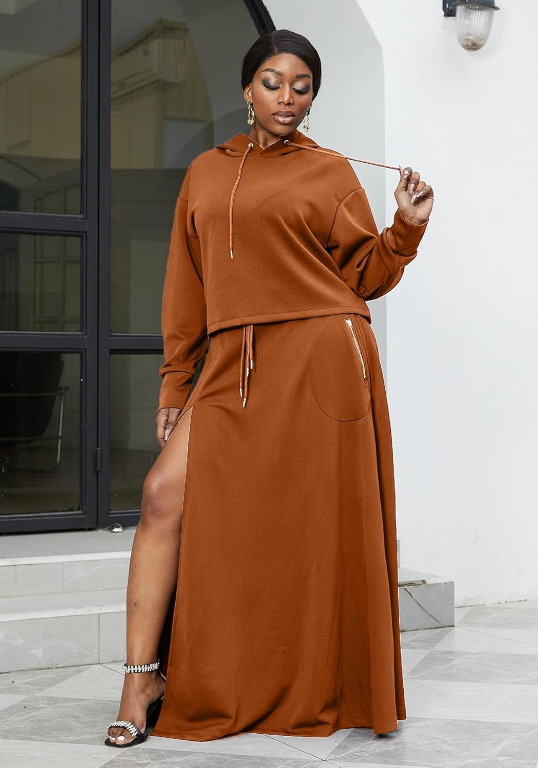 LAJIOJIO Women's 2 Piece Sets Casual Outfits,Hoodies Long Sleeves Sweatsuits and Split Maxi Skirt Lounge Sets - Image 6