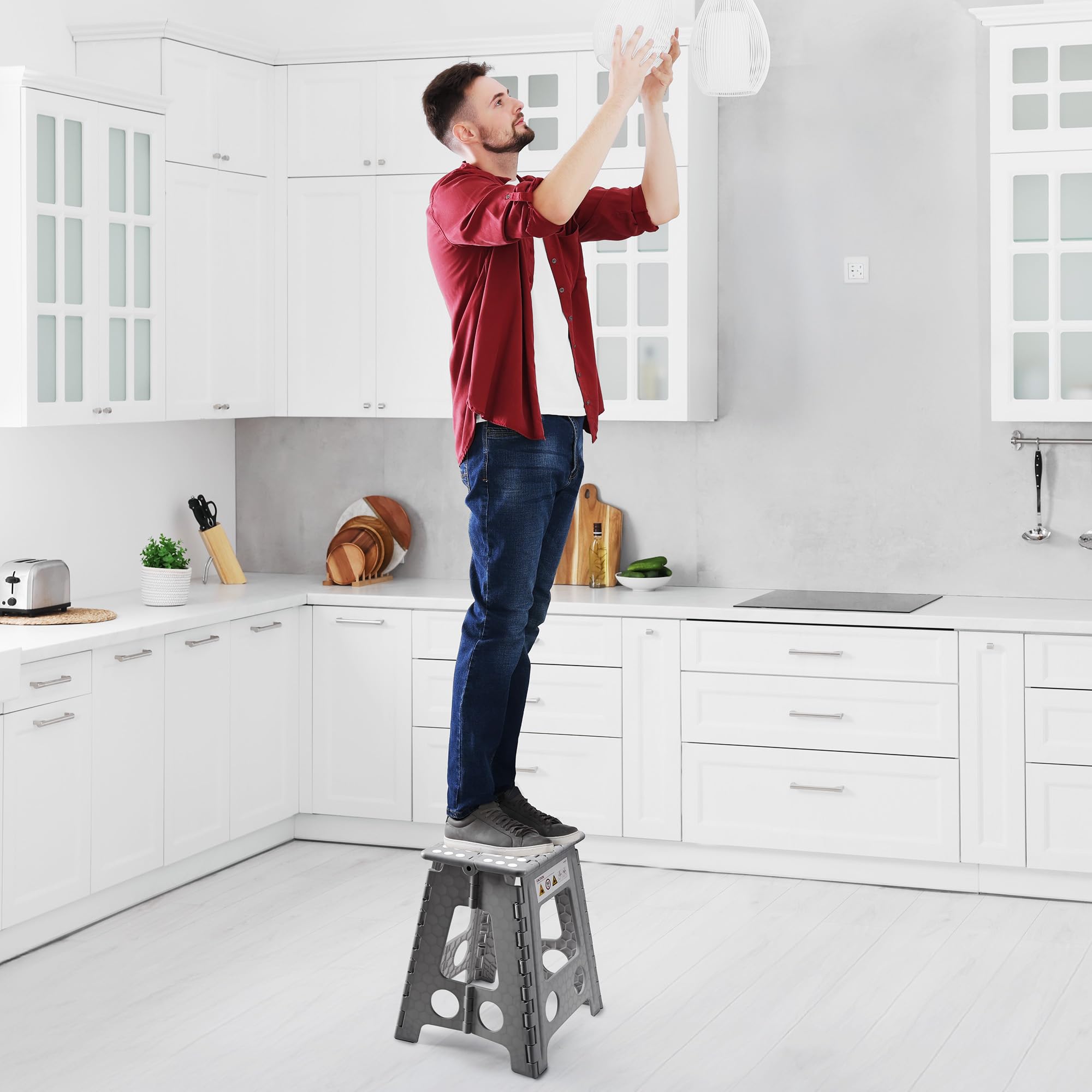 Sgabello Pieghevole da 40 cm, Bianco con Capacità 150 kg - Blocco di Sicurezza e Maniglia Girevole, Ideale per Casa
