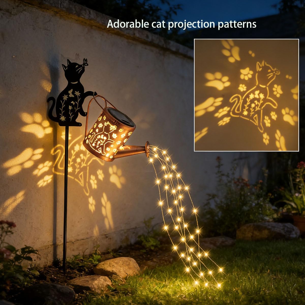 Solar Outdoor Garden Decorative Watering Can with Light, Featuring Metal Cat Silhouette Garden Stake, Waterproof Garden Decor,for Lawns, Pathways,Garden Gift for Women