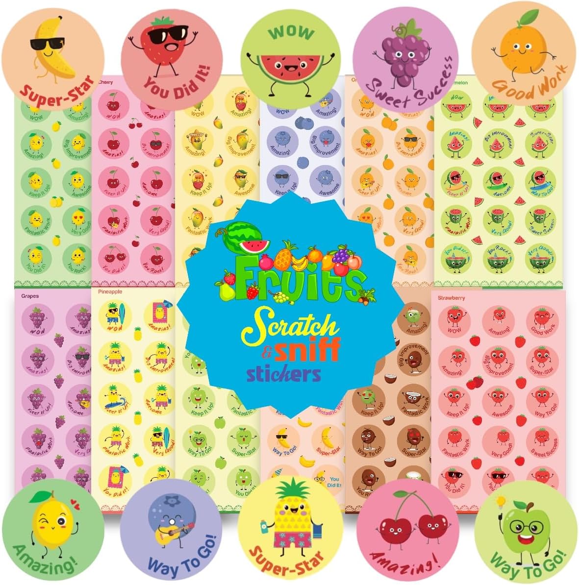 Scratch and Sniff Stickers Fruits - 24 Sheets Smelly Sticker Set With12 Different Fruit scents, Motivational Reward Affirmation Stickers for Kids Classroom, Teachers Must Haves (360)