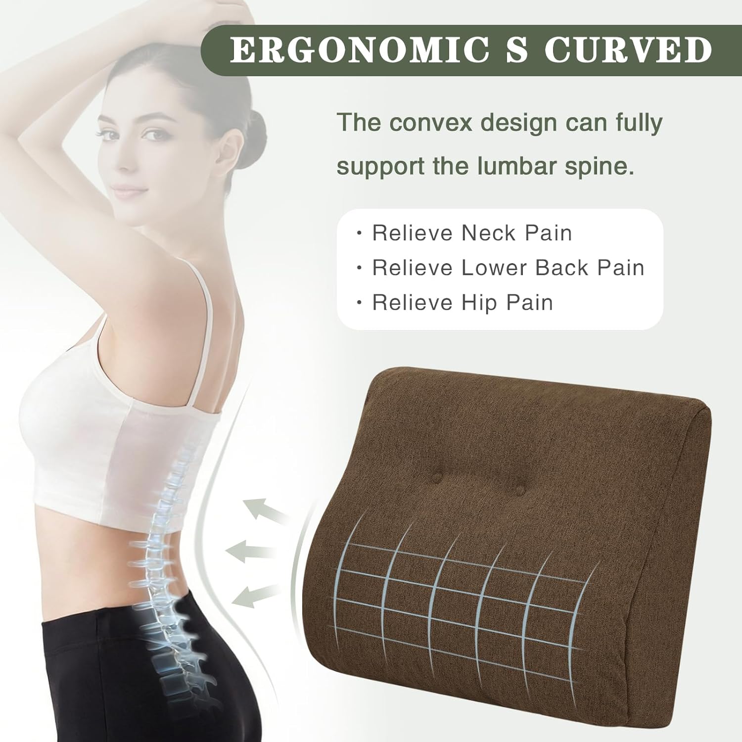 baibu Lumbar Support Pillow for Recliner, Large Memory Foam Dual-Layer Patent Design Back Support Cushion for Sofa & Gaming Chair, Ergonomic Lumbar Pillow with Machine Washable Cover, Brown