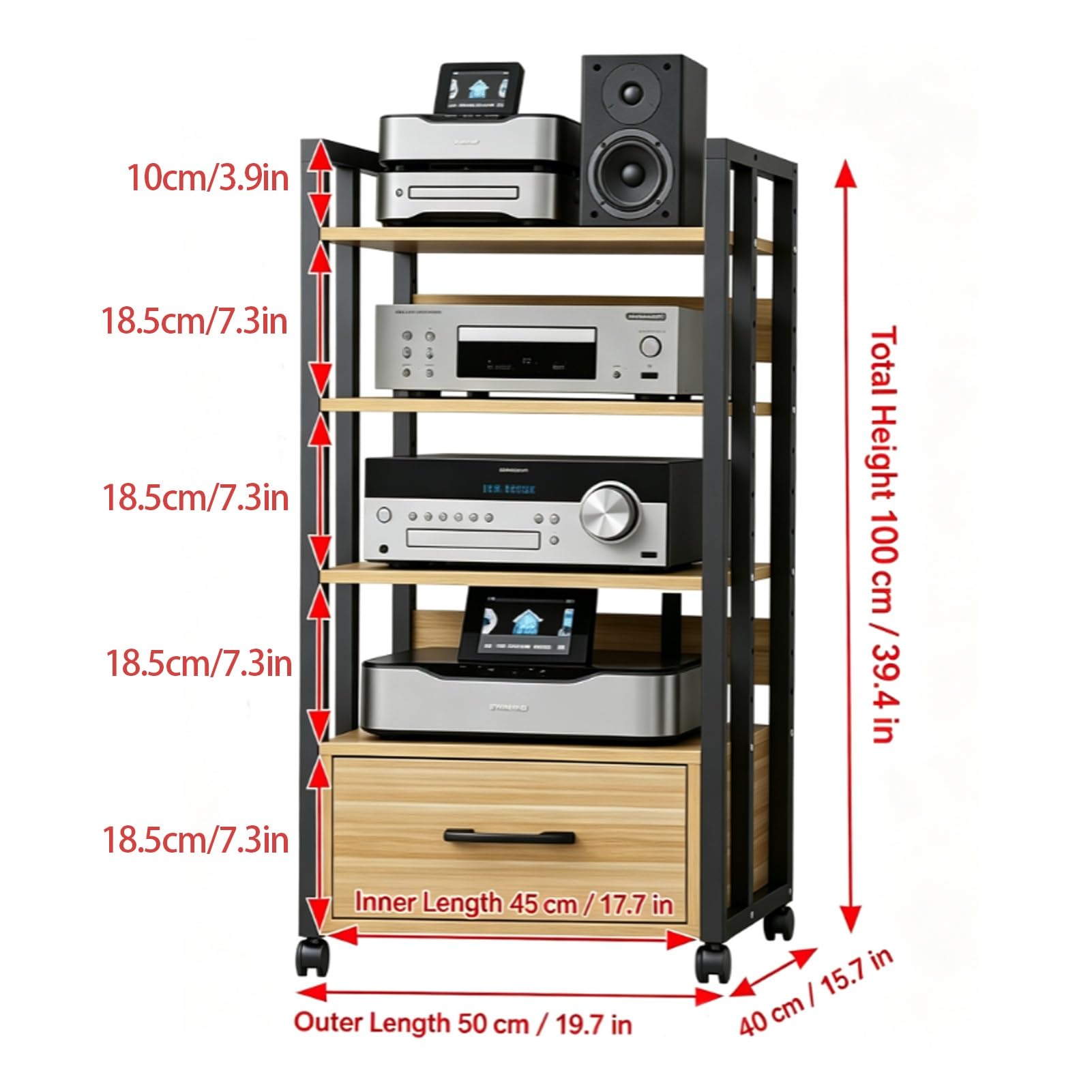 Stojak Multimedialny AV,Wieża Audio z Regulowanymi Półkami,Regulowane Półki | Stojak na Odtwarzacz cd do Salonu Szafka na Komponenty Stereo WieżA Typu Rack Audio z Ruchomym KółKiem(A1,4 layer)