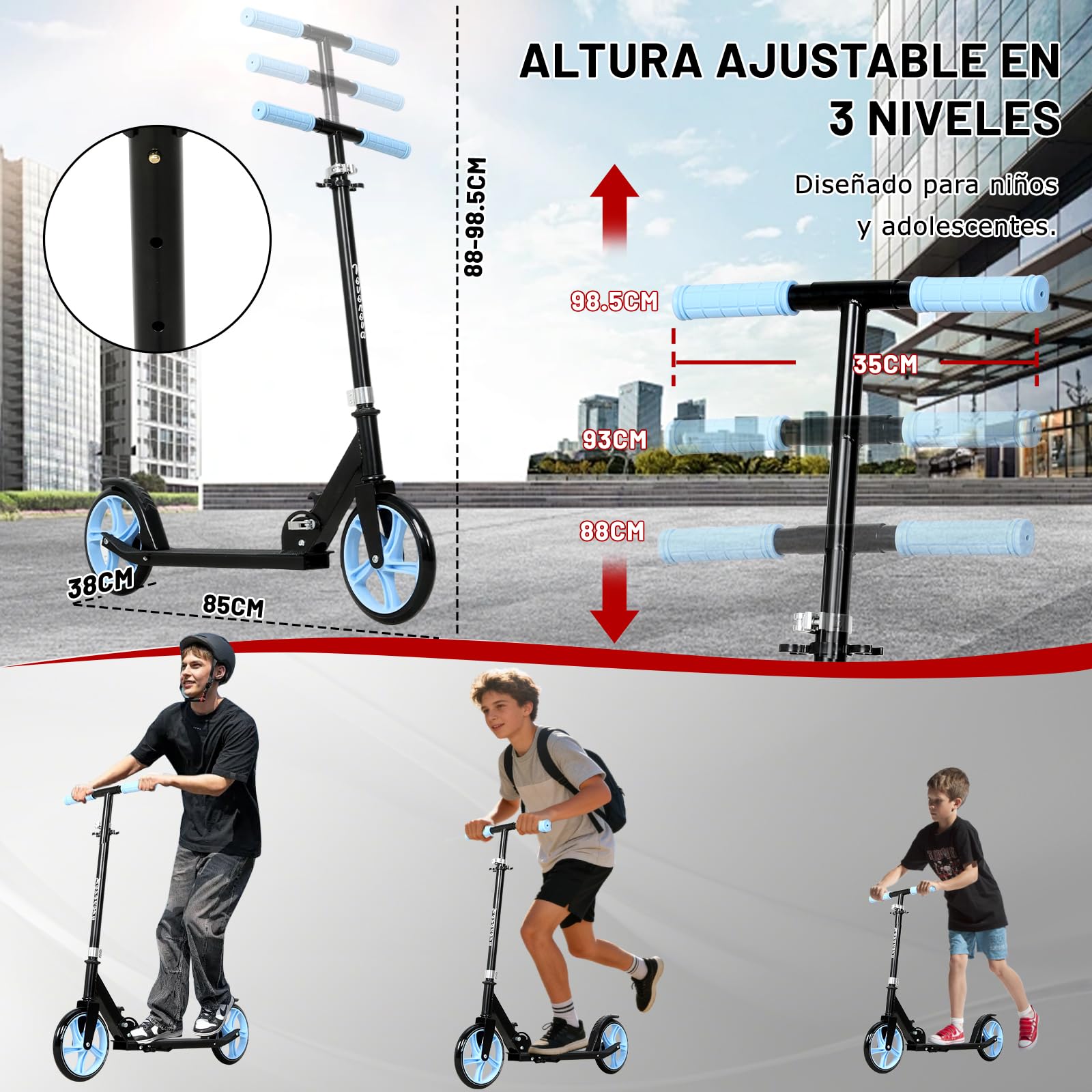 Patinete Scooter Plegable, Patinetes para niños y niñas, 9-14 años con Manillar Ajustable 88-98.5cm, Patinete con 2 Ruedas Grandes 200mm y Freno Posterior, Máx. 100kg