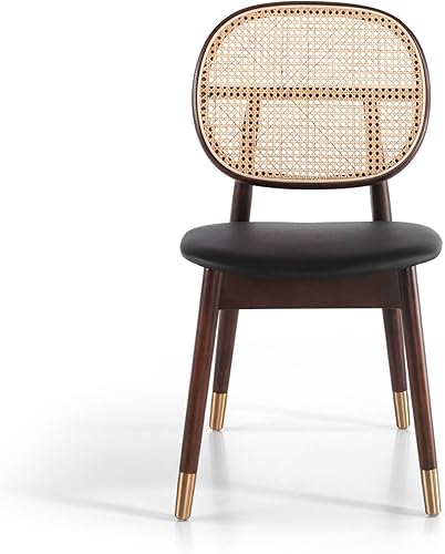 Miniatura 3 de Silla comedor de madera maciza de fresno en Nogal con asiento en polipiel y respaldo en rejilla de ratán. Asiento relleno de espuma inyectada de