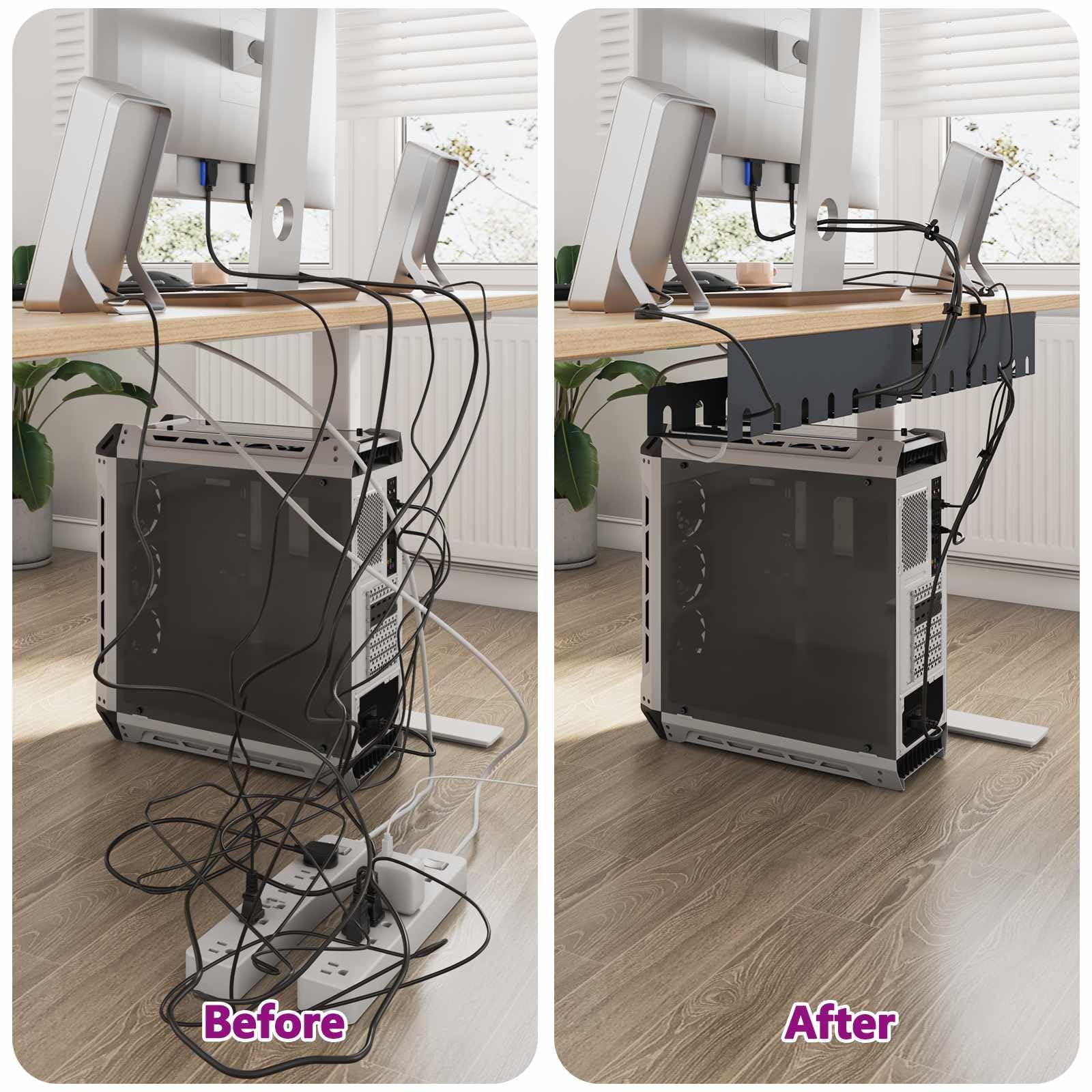 Gestión de cables debajo del escritorio, juego de 2 canaletas de cables de acero con recubrimiento en polvo, soporte para cables para organizar el trabajo, antracita 43 x 10 x 10 cm