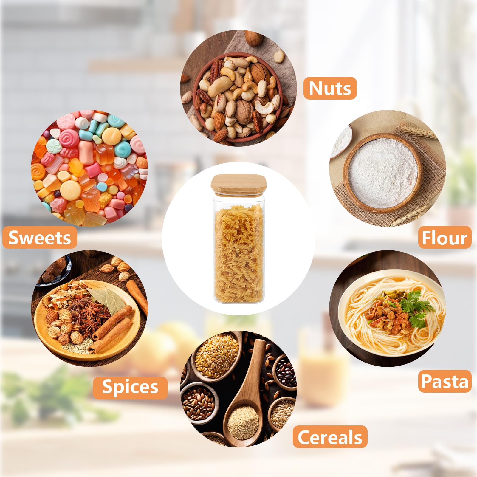 5 vasetti con coperchio, 1500 ml, contenitori ermetici in vetro con coperchio in bambù, barattoli per cereali e noci