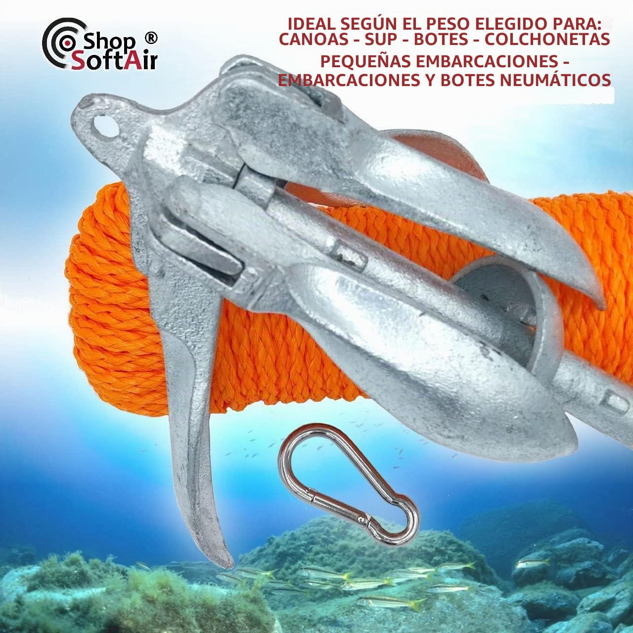 Shop SoftAir® Kit Ancla Paraguas Plegable de Acero Galvanizado Cabo Flotante 30 Metros Levilene Naranja Amarre y Mosquetón de Acero Inoxidable AISI 316 (Ancla 2,5 kg + Cabo 6 mm + Mosquetón)