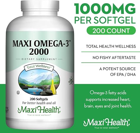Omega 3 Supplement - Omega-3 Fish Oil 2000mg - Natural Source of EPA \u0026 DHA  - Heart, Brain \u0026 Joint Health - Kosher Certified Wild Caught Marine Fish -  200 Vegetarian Softgels by Maxi Health : Health \u0026 Household