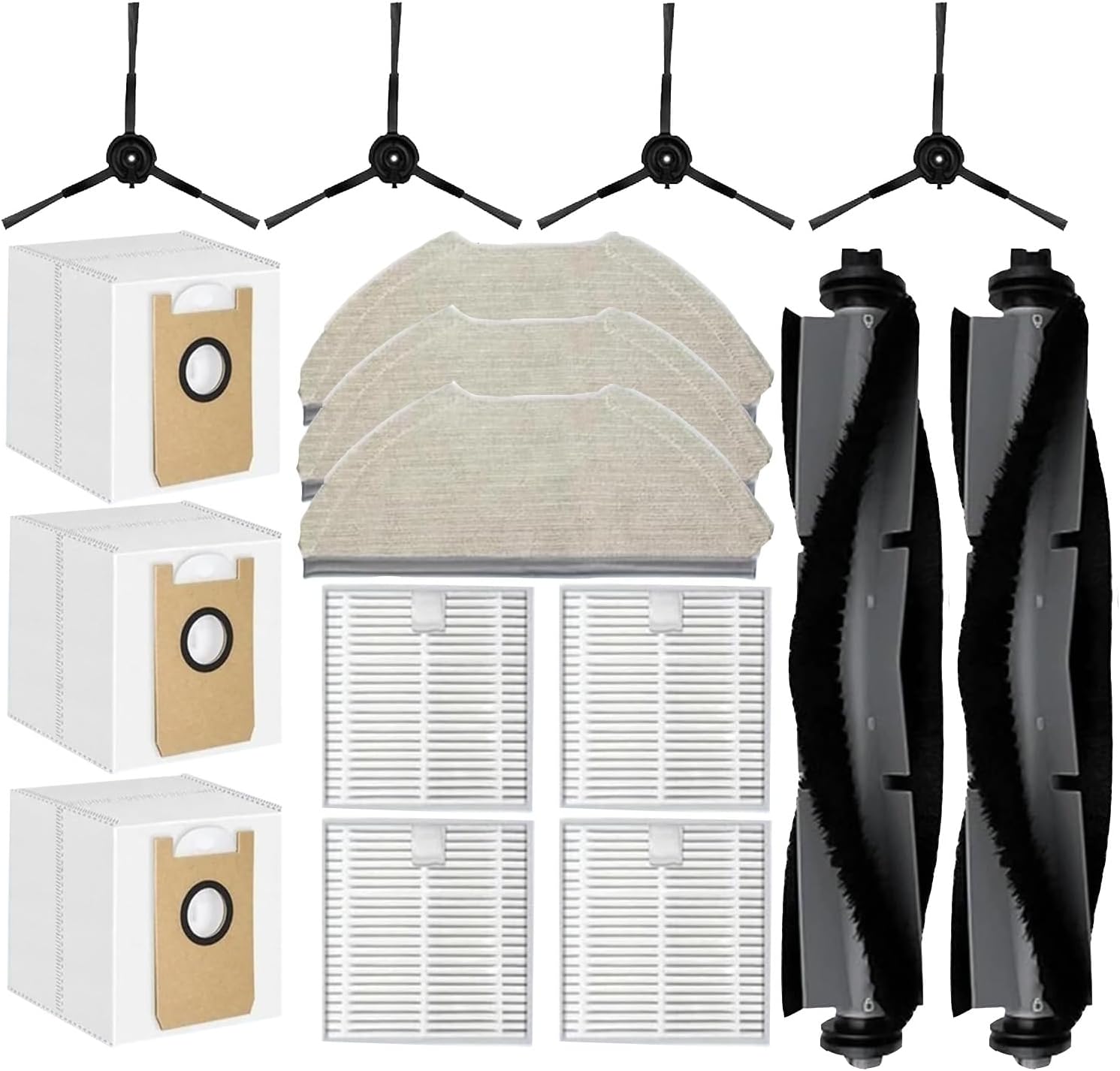 E10+ Replacement Accessories Kit for BOTLUXE E10+ Robot Vacuum:16 Pack | Replacement Parts Include : 2 Main Brush 3 Dust Bags 4 HEPA Filters 3 Mop Pads 4 Side Brushes