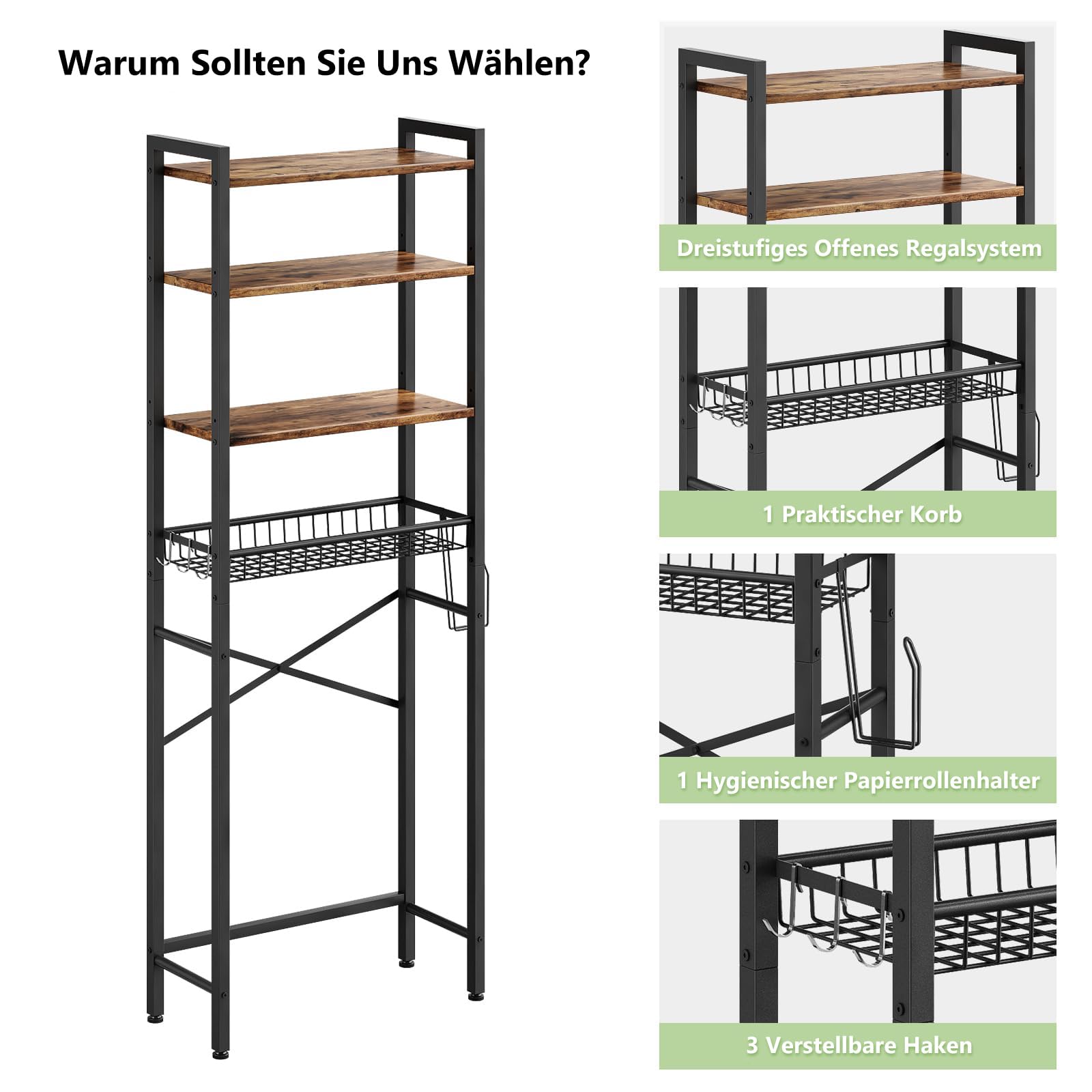 Kalrin Toilettenregal, 4-stufiges Verstellbares Multifunktionsregal für das Bad, Regal Über der Toilette mit Aufbewahrungskörben, Platzsparendes WC-Regal, Leicht zu Montieren (Vintage-Braun)
