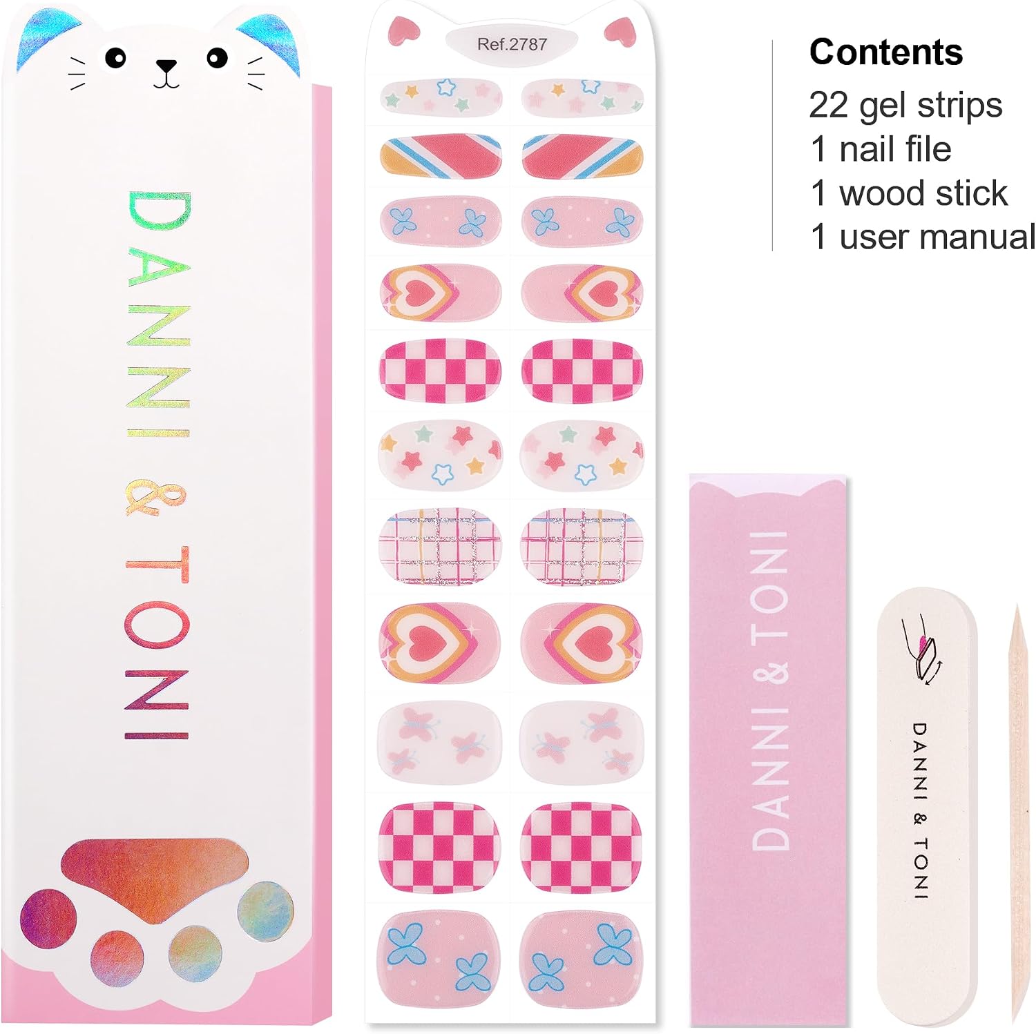 DANNI & TONI Kids Gel Nail Strips Heart Checker Butterfly Stars Salon-Quality Peel & Stick Manicure for Children (Age 6+)– Safe, Long-Lasting, Easy to Apply |Flutterheart