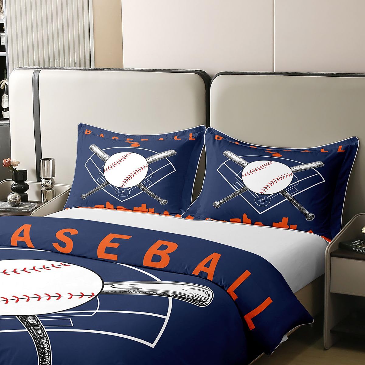 Homewish Chłopcy Baseball Dzieci Pościel Pojedyncza Piłka Gry Coton Kołdra Zestaw Nastolatki Młodzież Sport Gra Kołdra Poszewka na kołdrę Sylwetka Miasto Zestawy Łóżek Granatowy Pomarańczowy