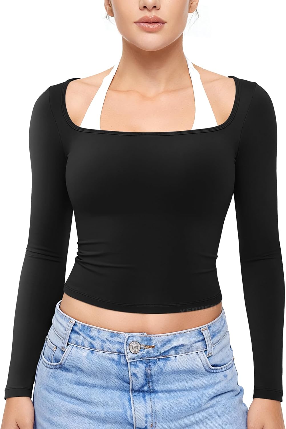 YEOREO Long Sleeve Workout Tops for Women Square Neck Slim Fitted Double Lined Compression Shirt Basic Casual Gym Yoga Tops