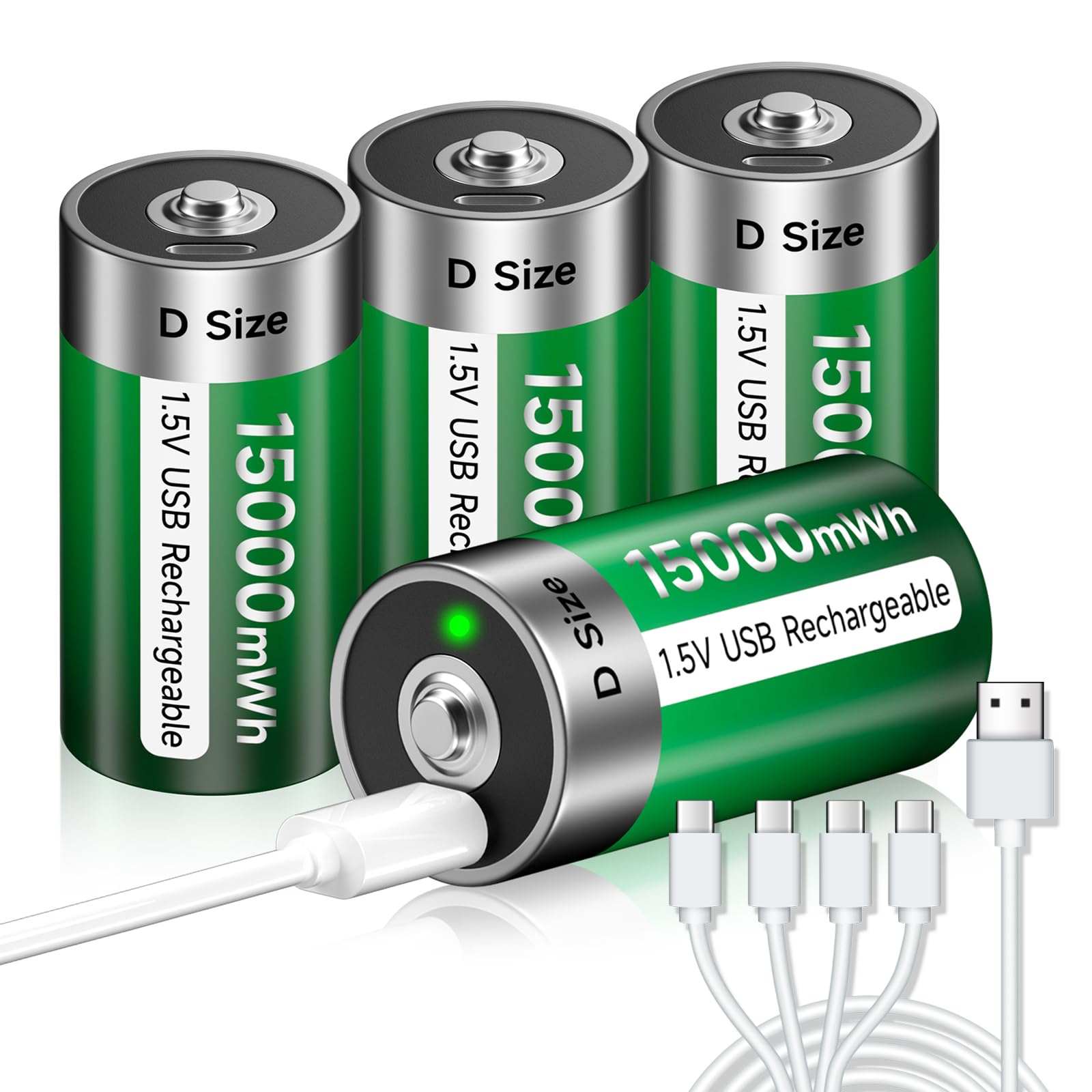 4Pcs USB D Akku Aufladbare Lithium/15000mWh - 1,5V Mono D Zellen Batterien Wiederaufladbar Akkus Lr20 Schnellladung in 4 Stunden Mit Typ C Ladekabel, Überladeschutz