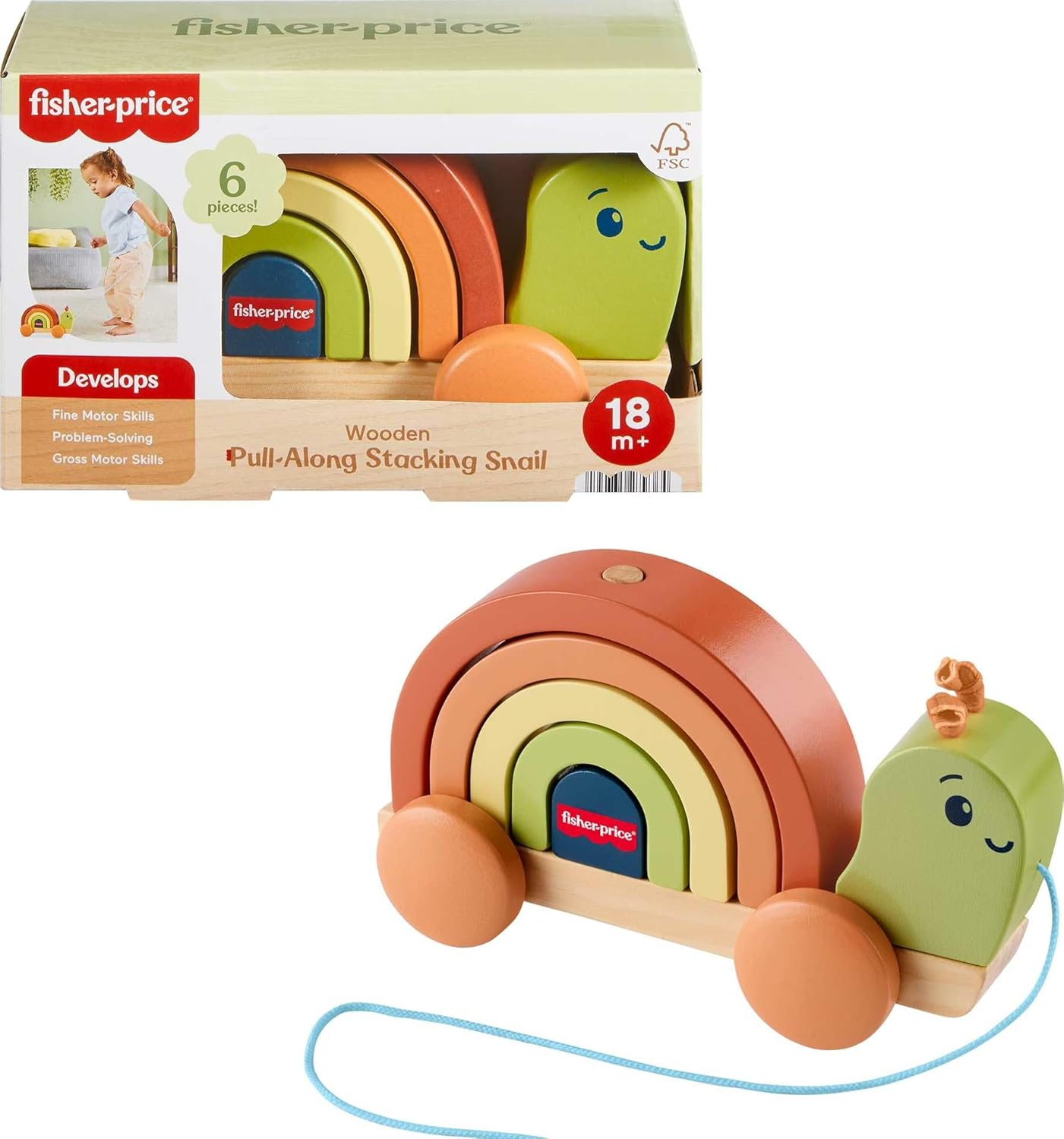 Fisher-Price Wood Toddler Toy Pull-Along Stacking Snail, 6-Piece Wooden Activity