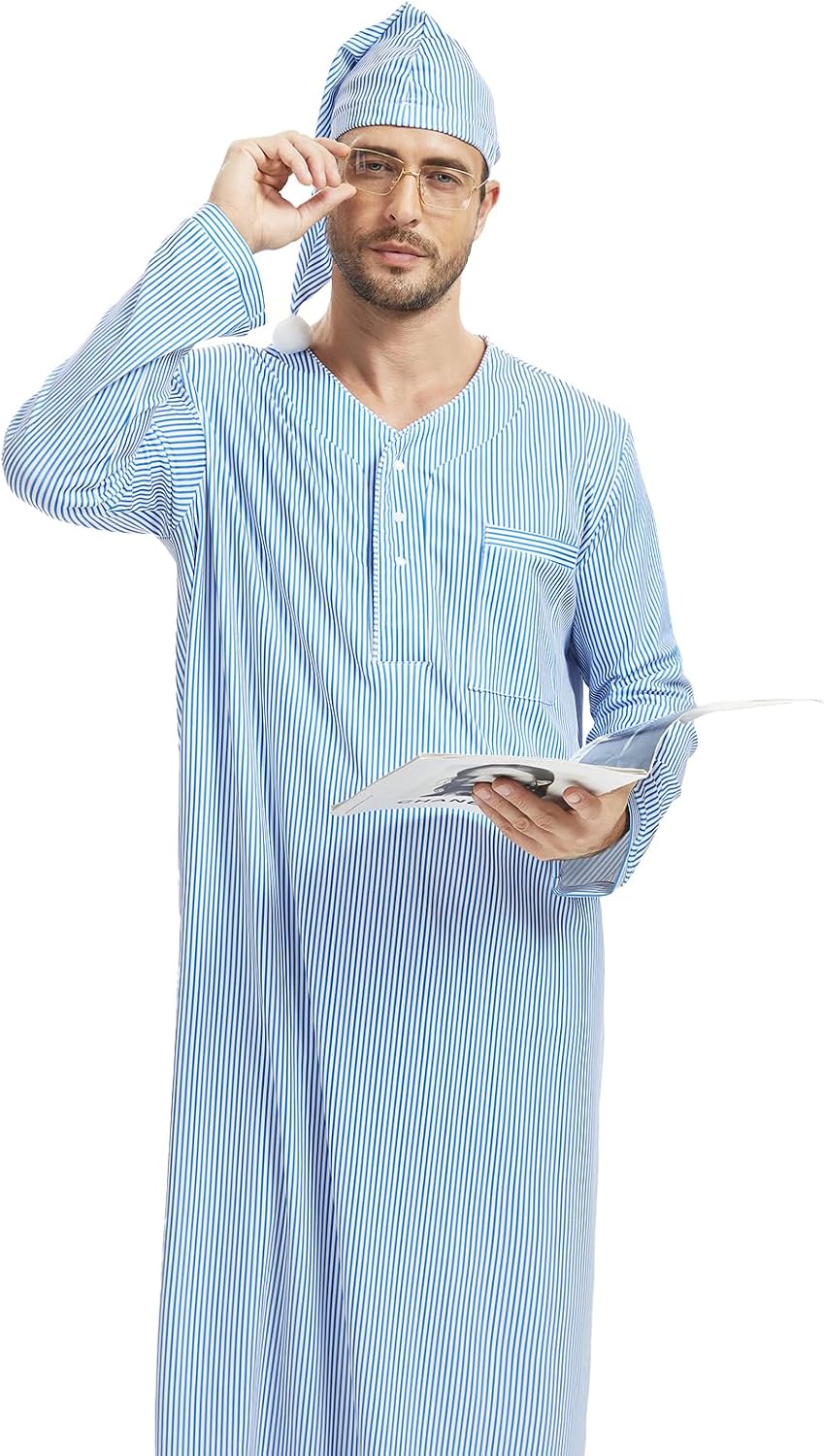 4 Pcs Men's Funny Pajama Set,Christmas Cosplay Costume with Nightgown Sleeping Cap Glasses Candle Holder with Candle