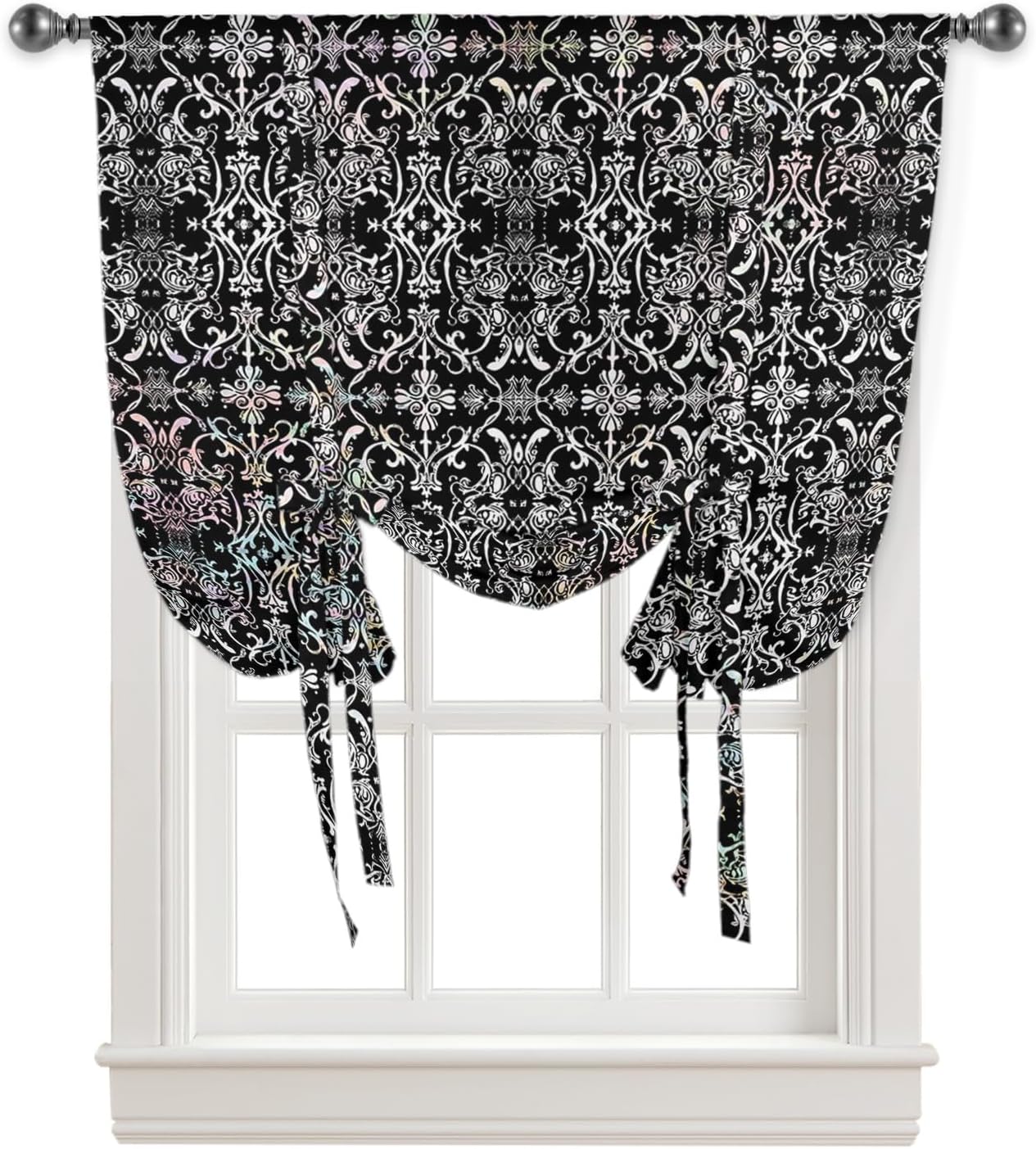 Abstract Tie Up Window Shade Curtain Halloween Ornate Flowers Chic Texture Kitchen Adjustable Balloon Curtains Shades Drape 46x63In for Living Room/Bedroom/Cafe Windows Black White