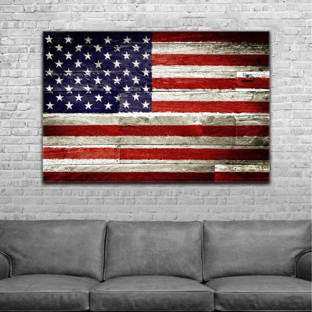 Urttiiyy Vintage American Flag Wall Art US USA Stars Stripes on Wooden Background Canvas Print Home Decor Pictures for Living Room Bedroom Bathroom Painting Poster Framed Ready to Hang