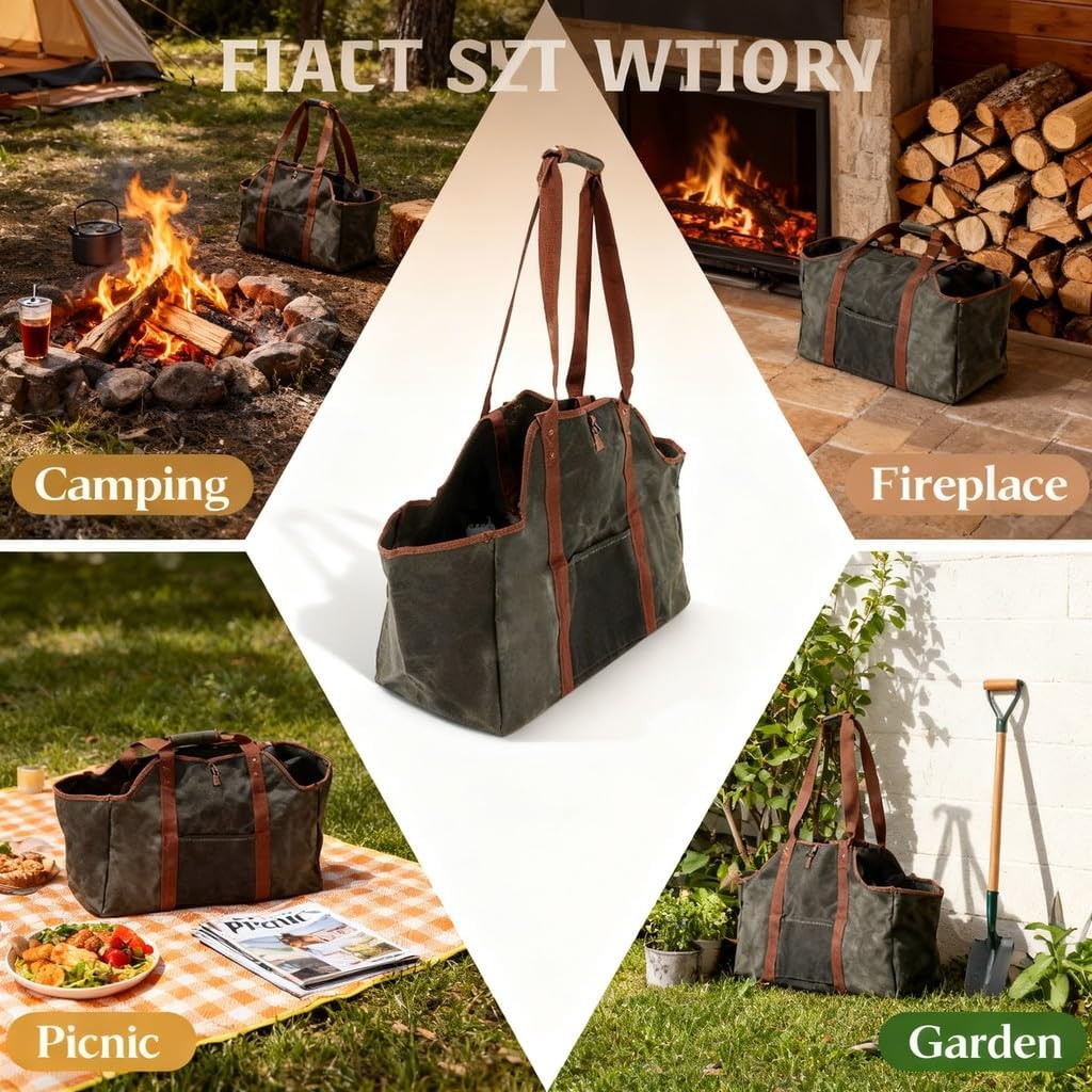 Waxed Canvas Log Carrier Tote Bag, Firewood Holder, 22.8x11.8x20 Inch Green - Heavy Duty Durable Material, Spacious Storage for Fireplace and Outdoor Use